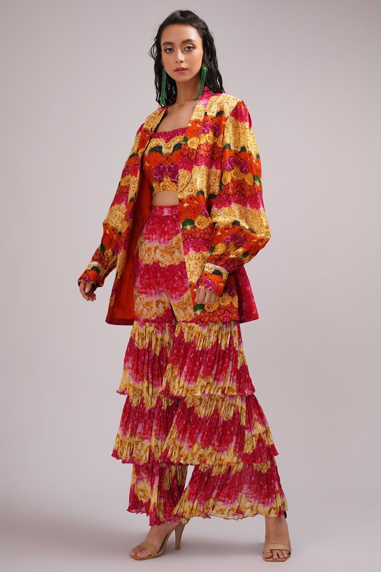 Scoop Neck Bustier Blouse Light Sharara Set Paired With A Stylised Jacket.