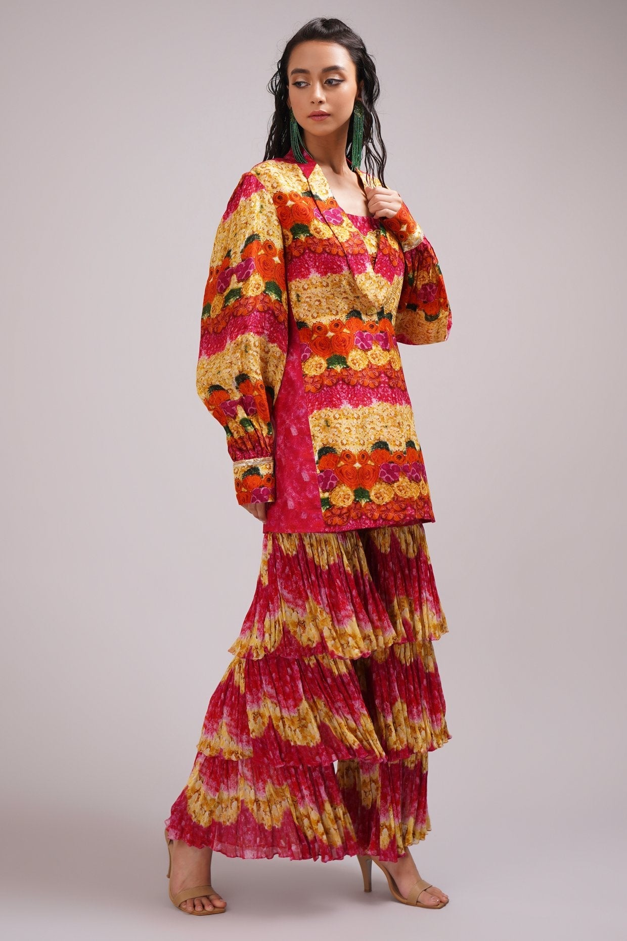 Scoop Neck Bustier Blouse Light Sharara Set Paired With A Stylised Jacket.