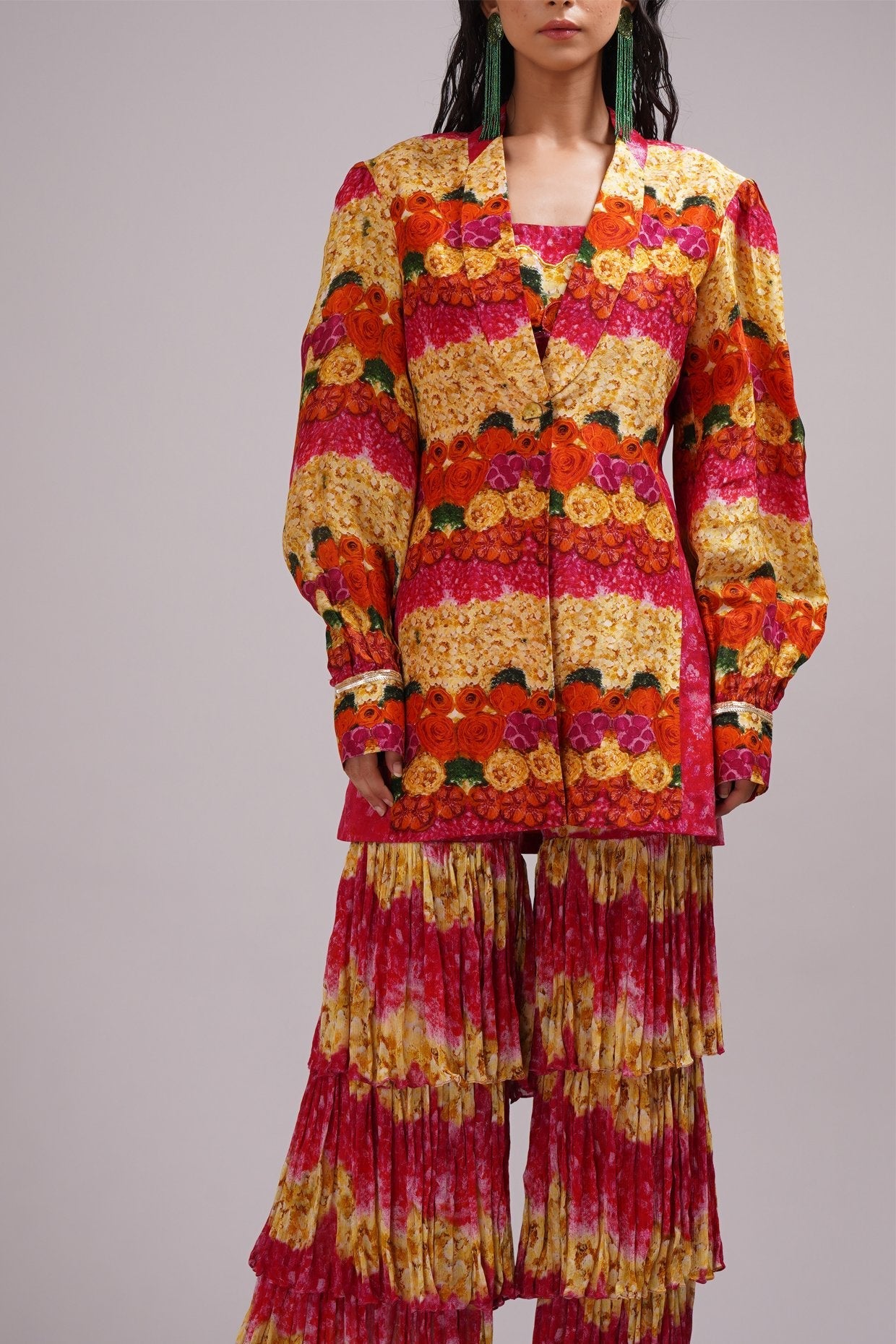 Scoop Neck Bustier Blouse Light Sharara Set Paired With A Stylised Jacket.