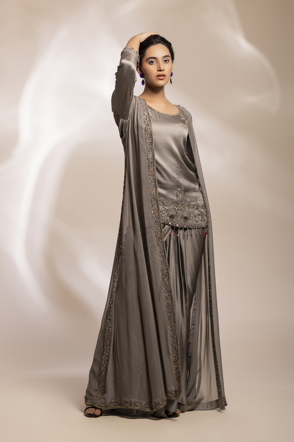 Lungi Drape With Antique Good Kurta With Embroidered Paneeked Long Jacket - Auraya Fashion 