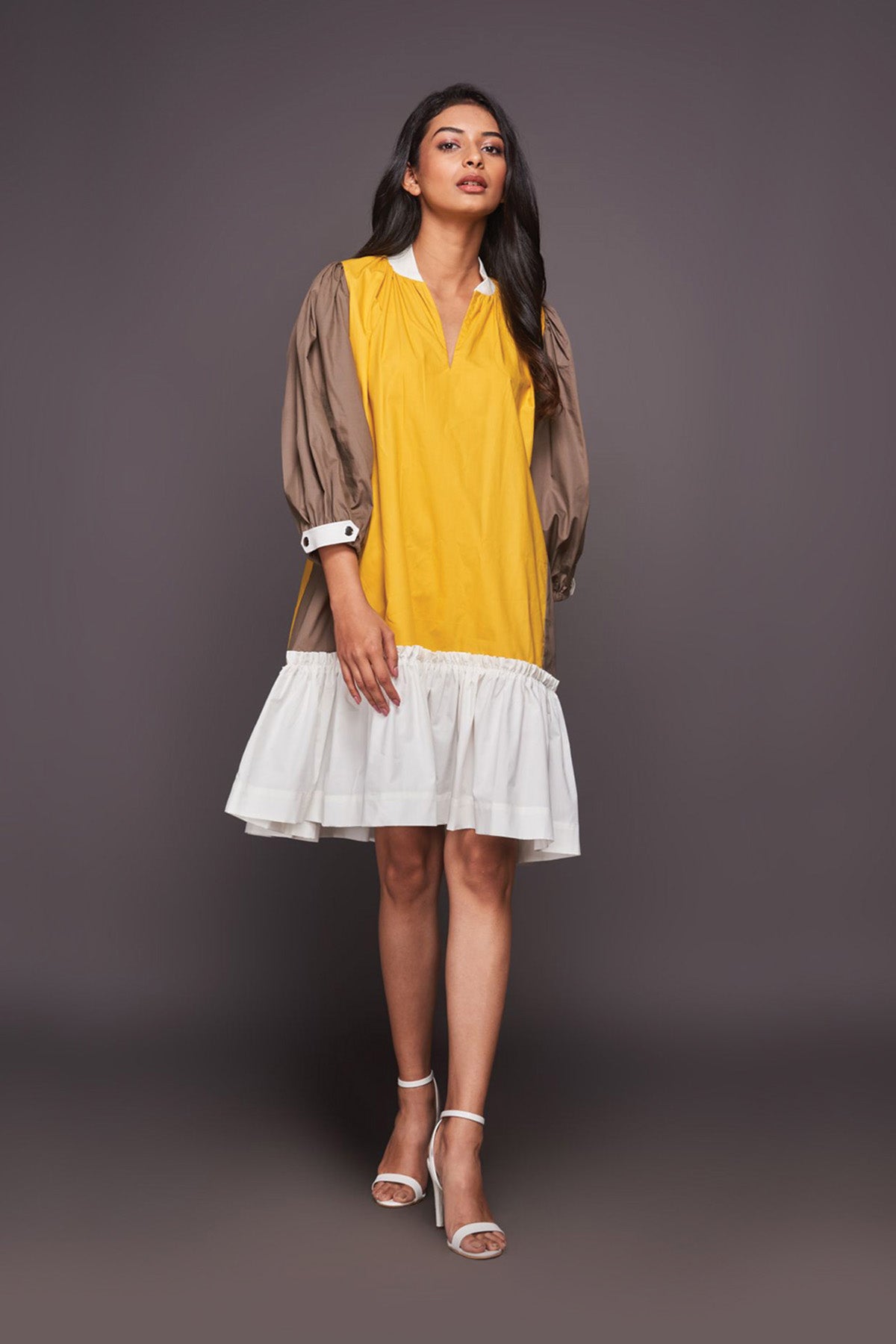 White Yellow Pleated Hem Dress