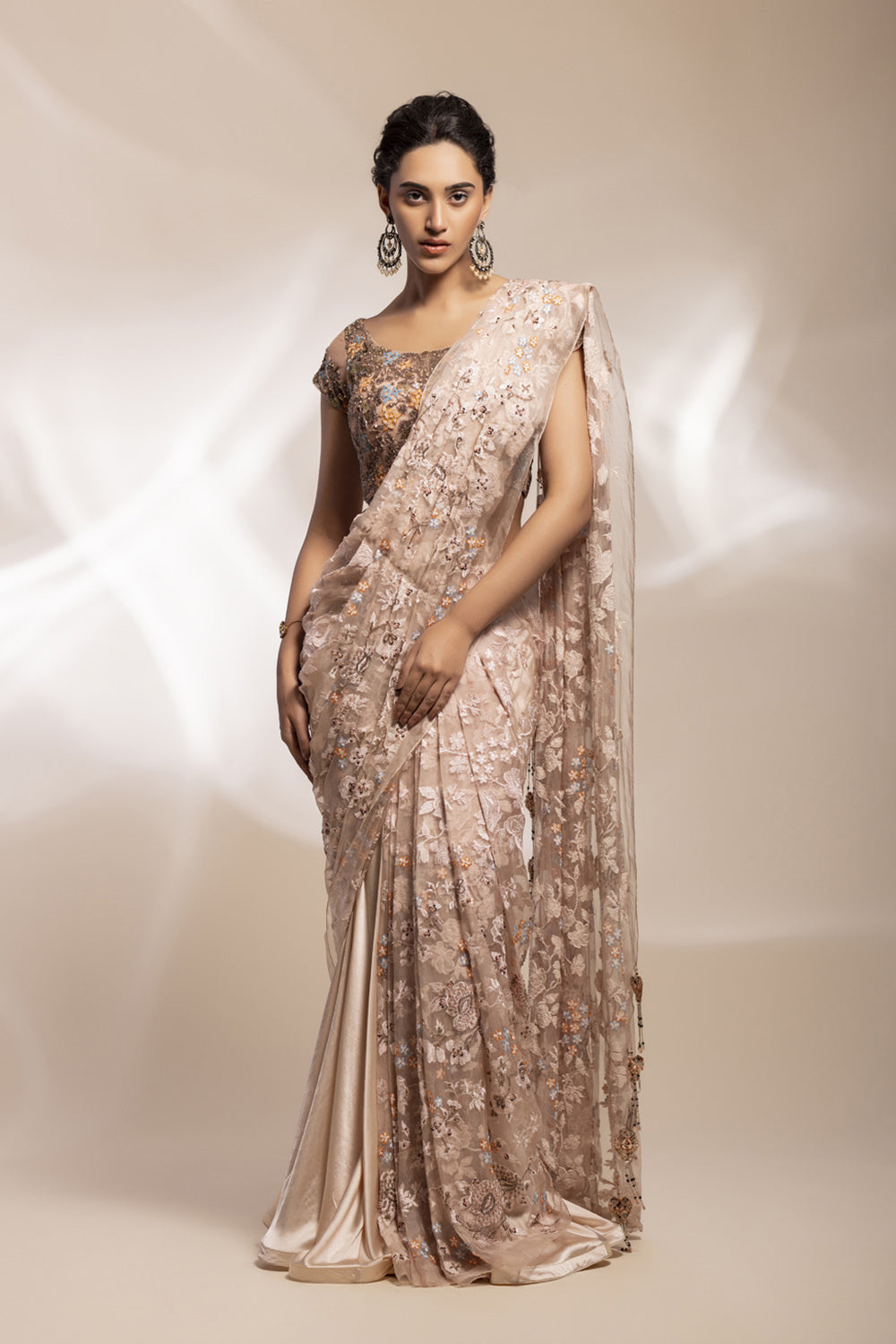 Floral Embroidered Organza Saree With Crystal Belt And Fishtail Skirt - Auraya Fashion - Gee Sin by Geetanjali - 