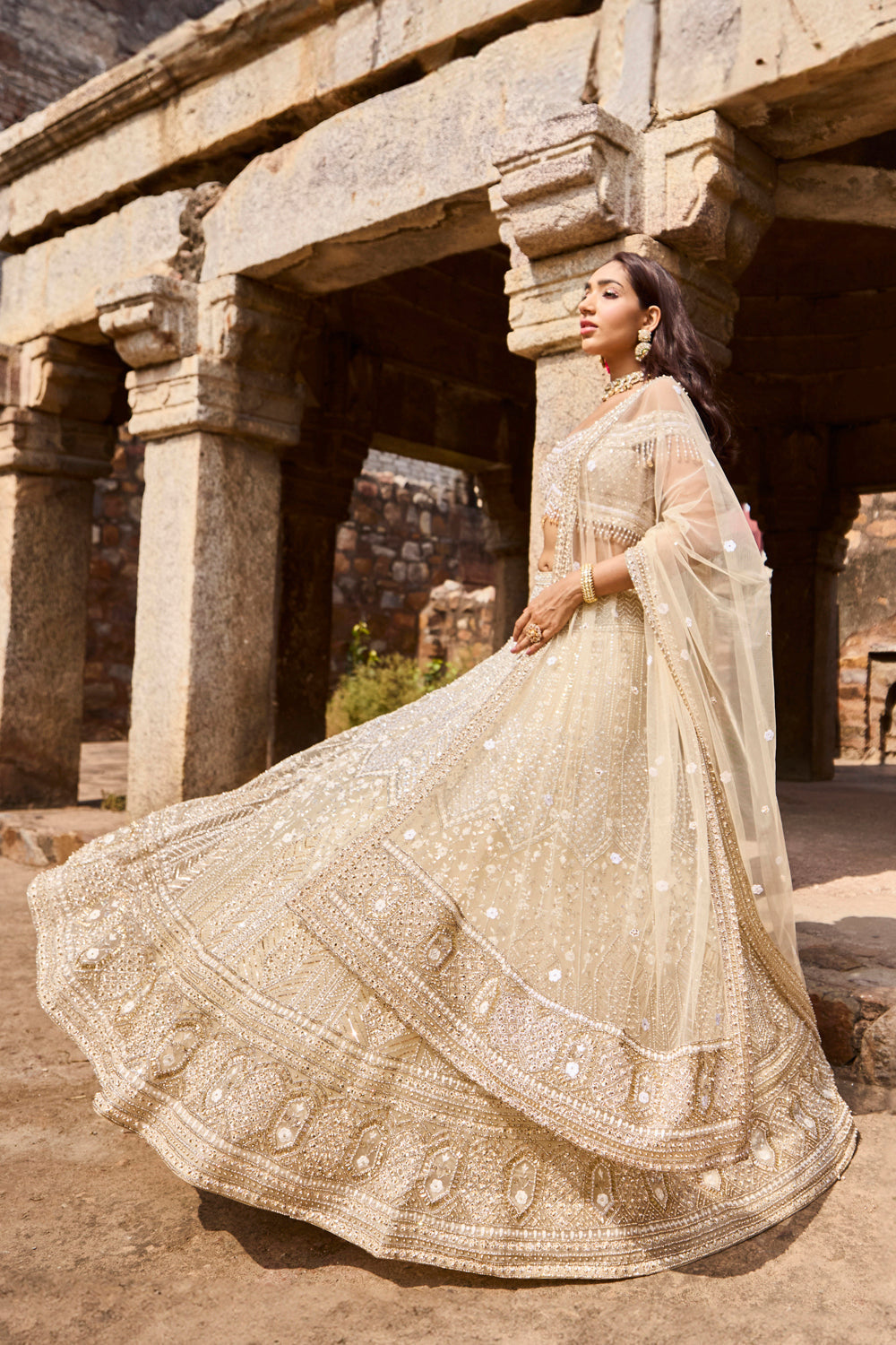 "Celine" Silver Golden Hand Embroidered Lehenga Set With Offshoulder Blouse