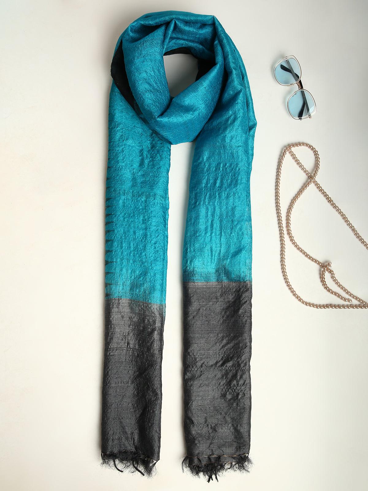 Prussian Blue Handwoven Pure Tussar Silk Stole - trueBrowns