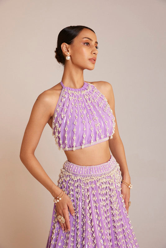 Image of Lilac Chandelier Pearl Halter Neck Crop Top Skirt Set