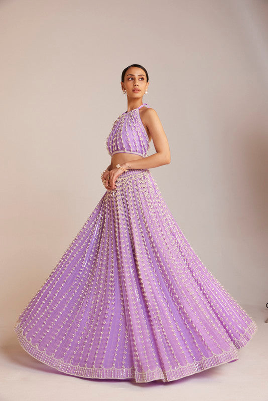 Image of Lilac Chandelier Pearl Halter Neck Crop Top Skirt Set