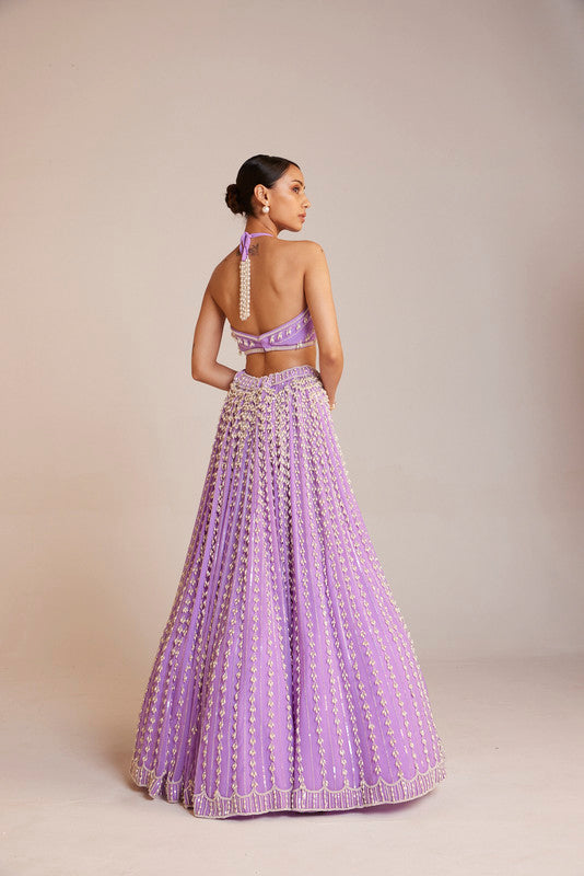 Image of Lilac Chandelier Pearl Halter Neck Crop Top Skirt Set