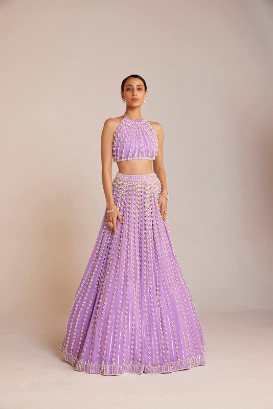 Image of Lilac Chandelier Pearl Halter Neck Crop Top Skirt Set