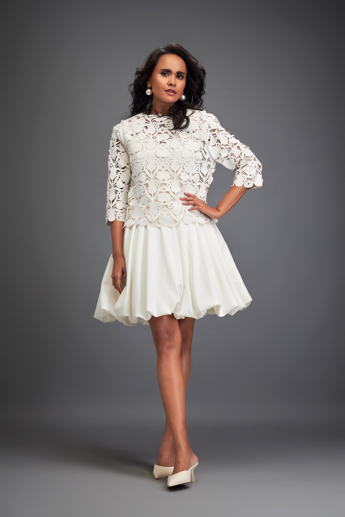 Floral-Cut Velvet Bubble Dress with Voluminous Bottom