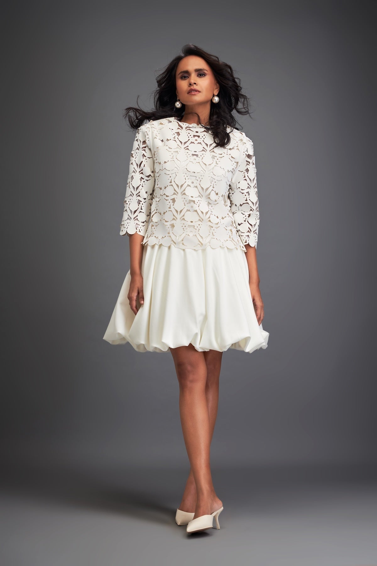 Floral-Cut Velvet Bubble Dress with Voluminous Bottom