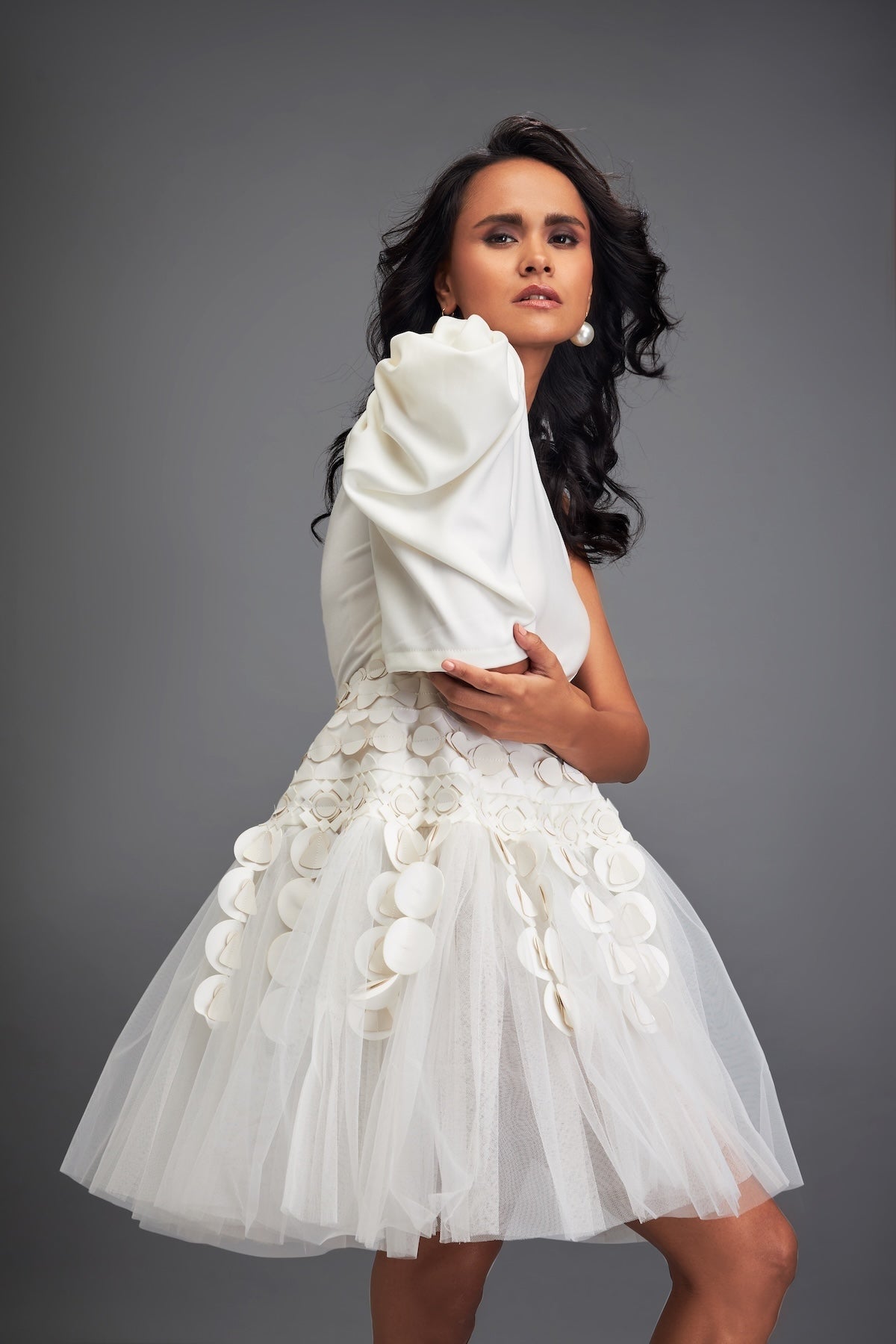 One-Shoulder Tulle Dress with 3D Embellishments