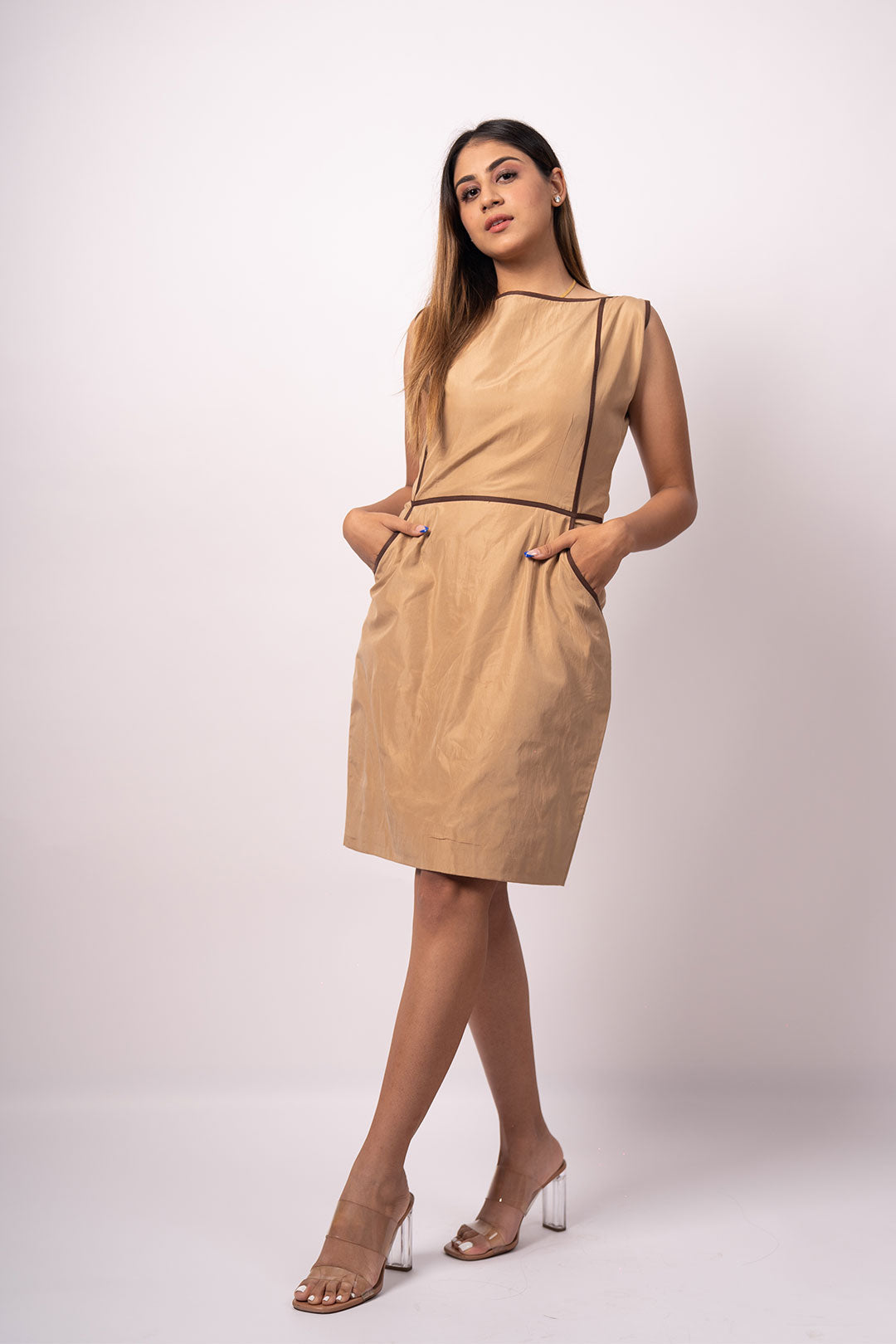 Elegant Caramel Sand Silk Dress - Versatile Classic Midi Dress
