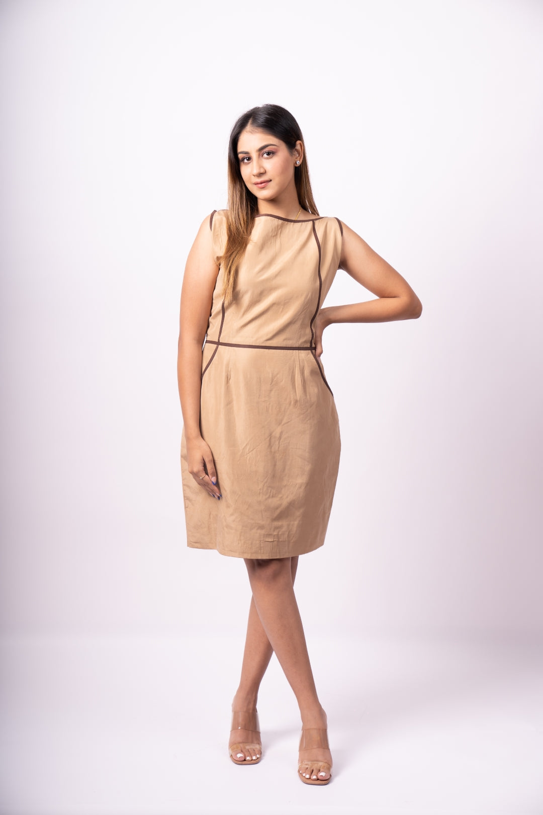 Elegant Caramel Sand Silk Dress - Versatile Classic Midi Dress