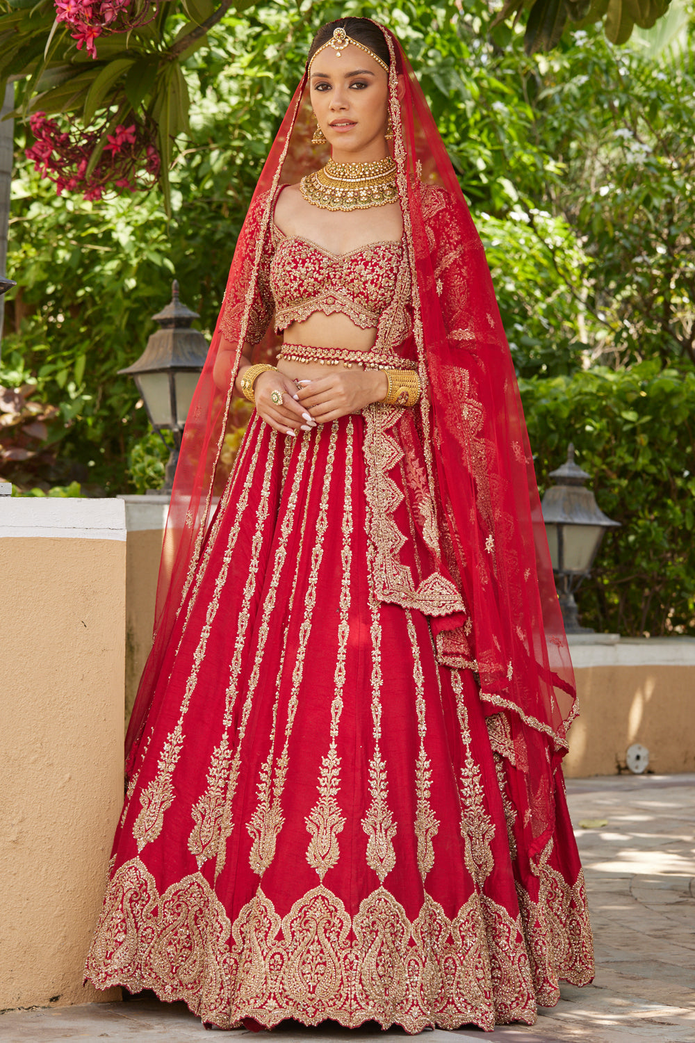 Cardinal Red Raw Silk Lehenga with Tulle Dupatta | Bridal Couture