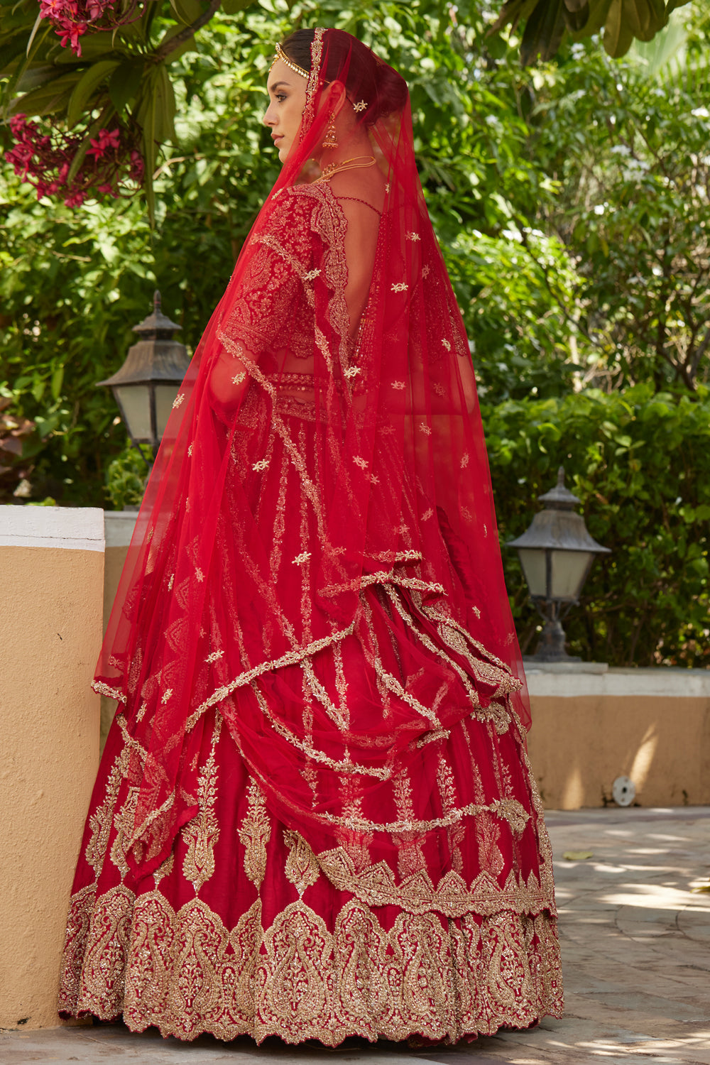 Cardinal Red Raw Silk Lehenga with Tulle Dupatta | Bridal Couture