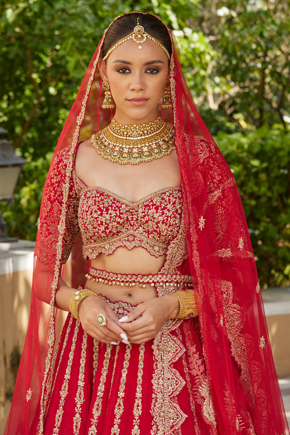 Cardinal Red Raw Silk Lehenga with Tulle Dupatta | Bridal Couture
