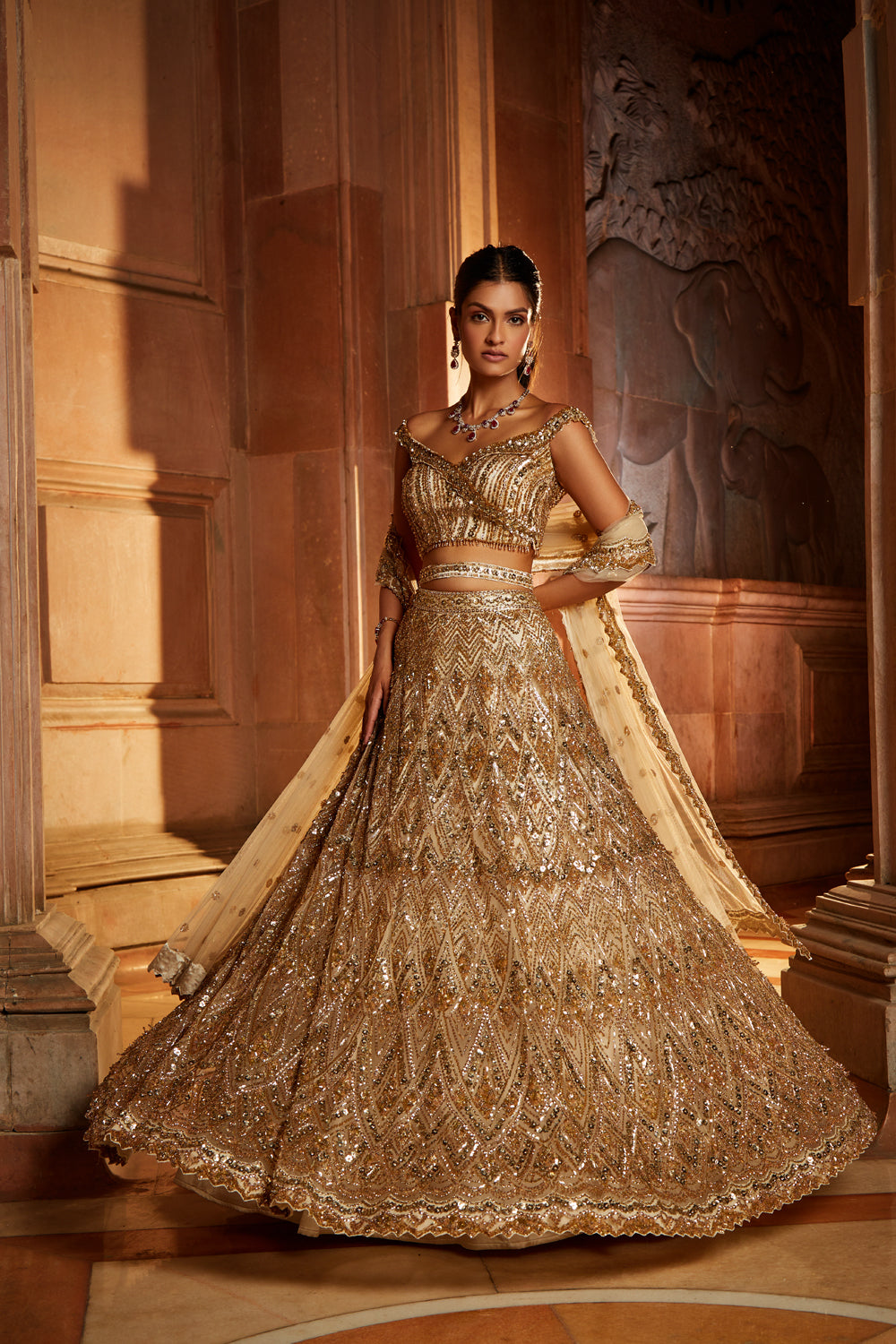 Champagne Gold Tulle Lehenga Set with Crystal Worked Belt