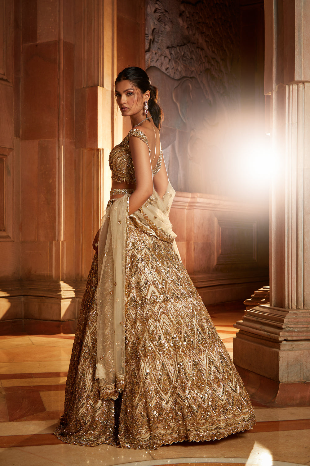 Champagne Gold Tulle Lehenga Set with Crystal Worked Belt