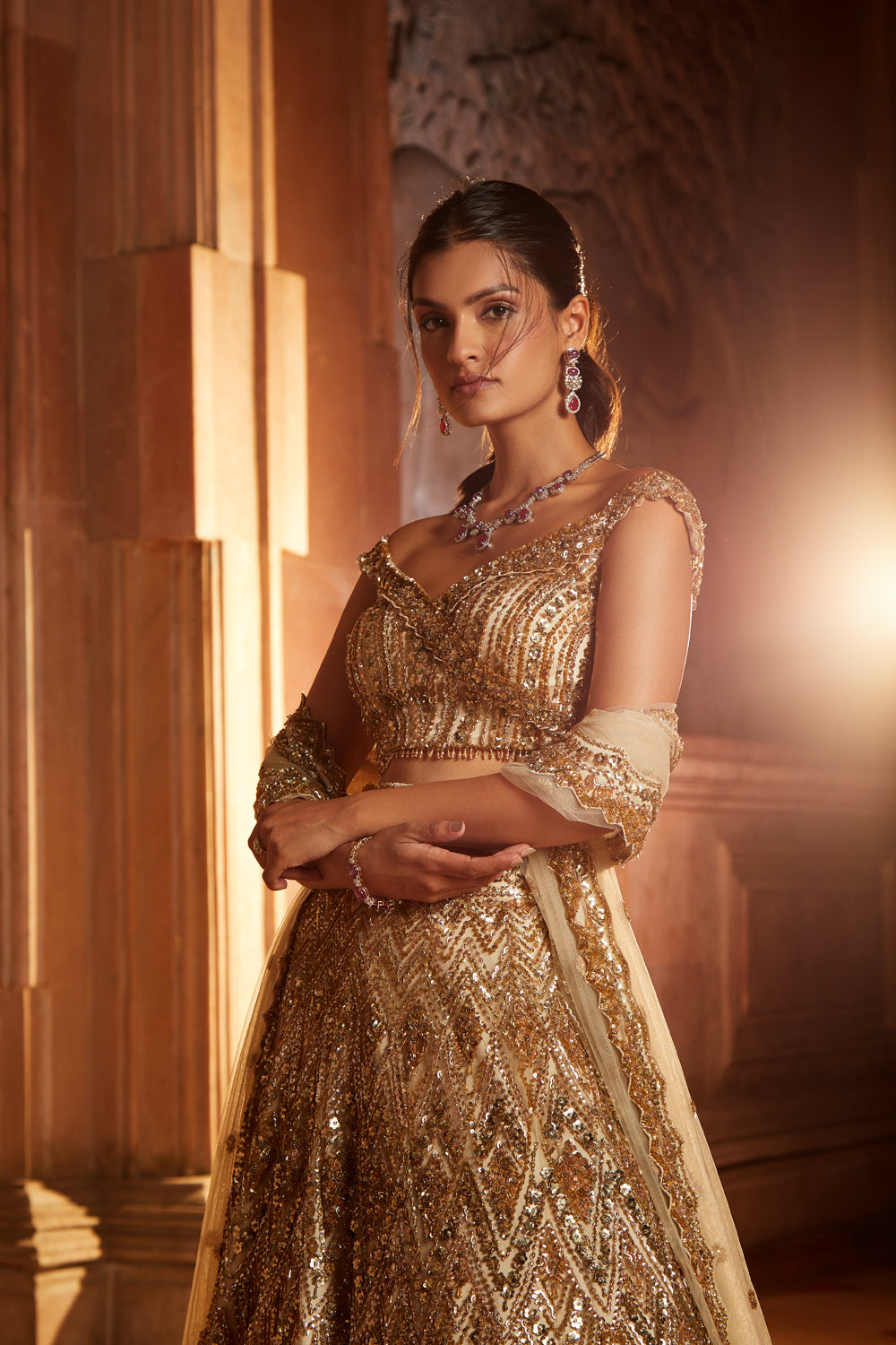 Champagne Gold Tulle Lehenga Set with Crystal Worked Belt
