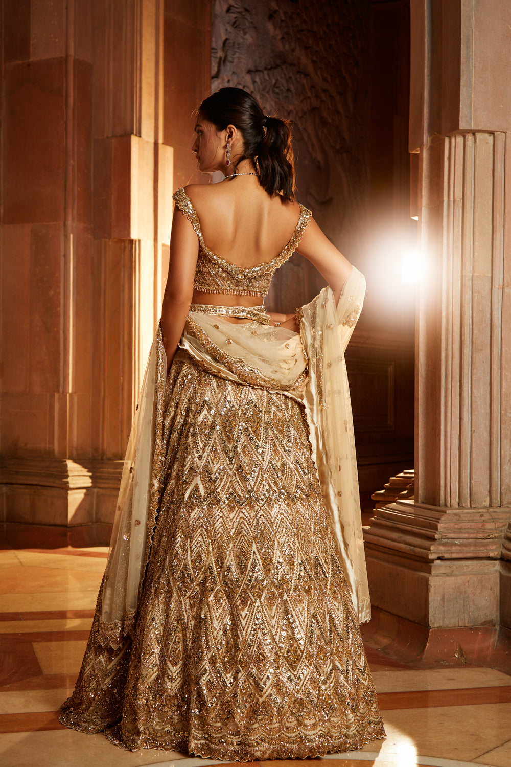 Champagne Gold Tulle Lehenga Set with Crystal Worked Belt