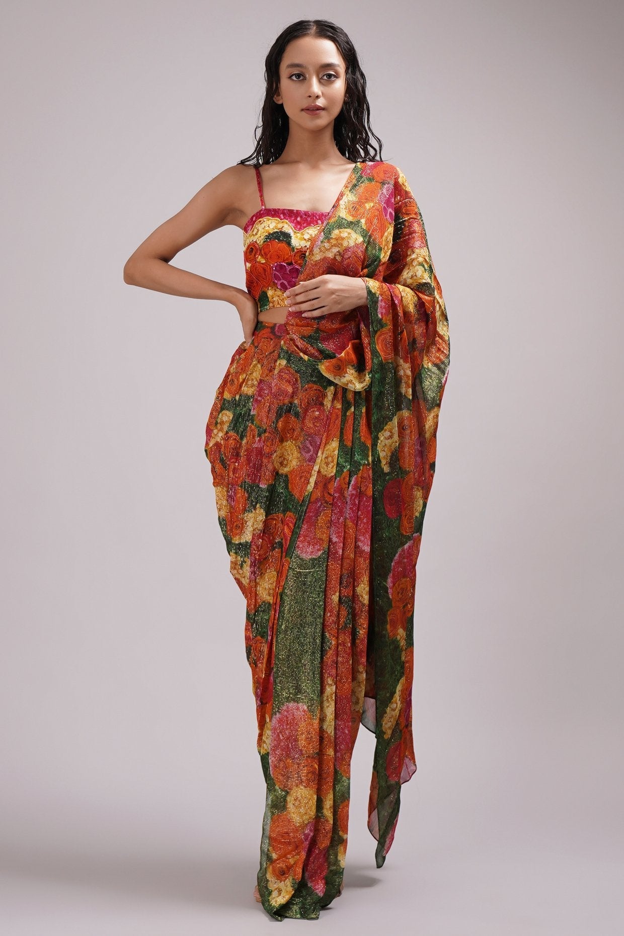 Pre Draped Saree Paired With A Square Neck Bustier Blouse