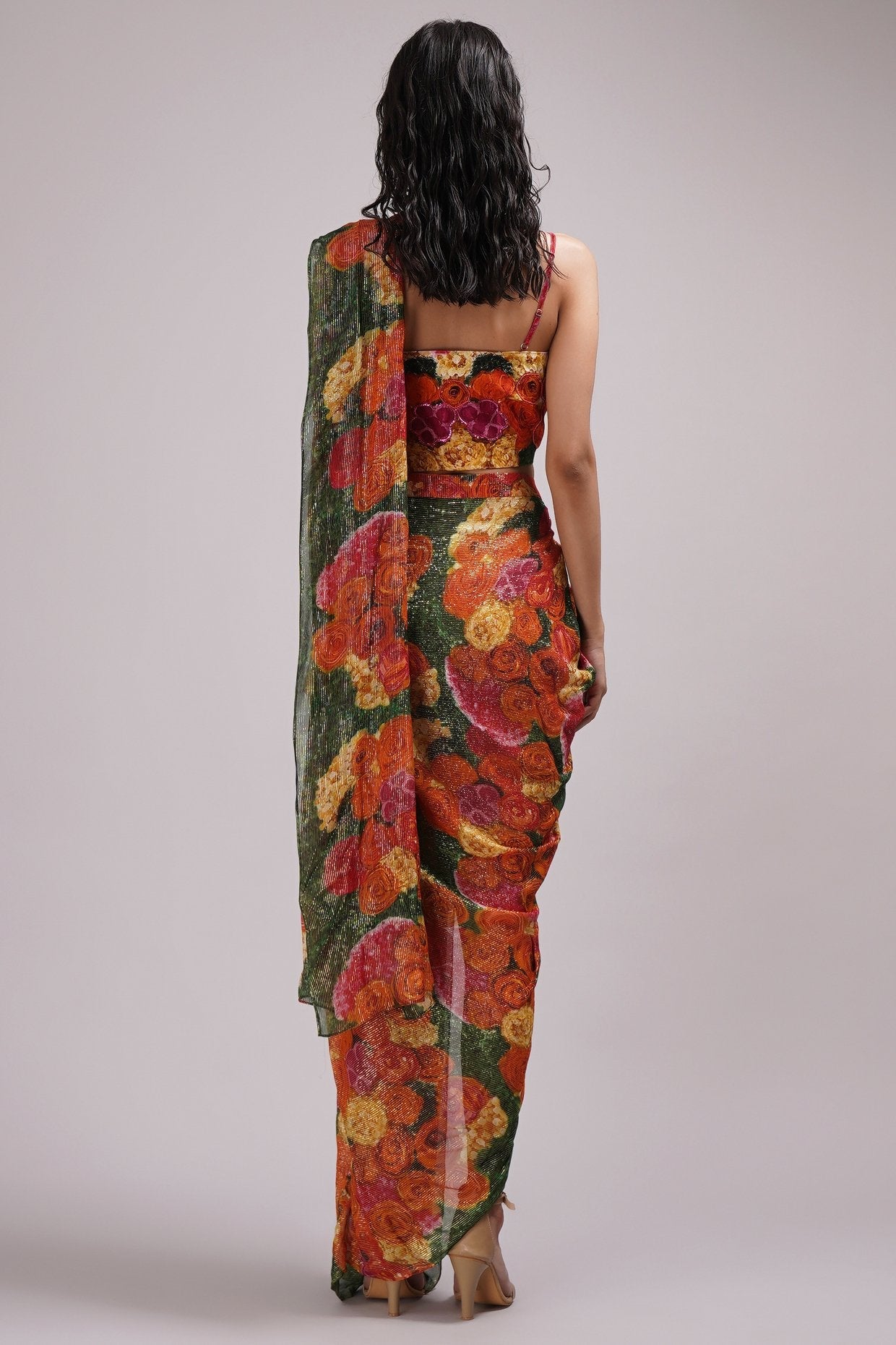 Pre Draped Saree Paired With A Square Neck Bustier Blouse