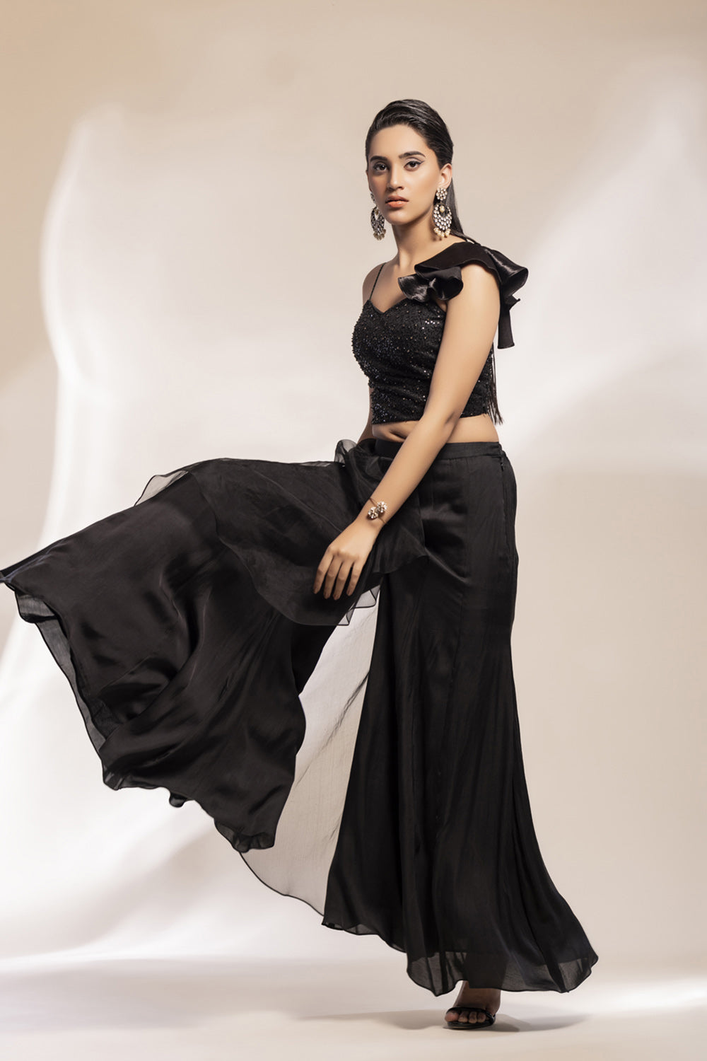 Georgette Sharara With Fully Embroidered Strappy Bustier - Auraya Fashion 