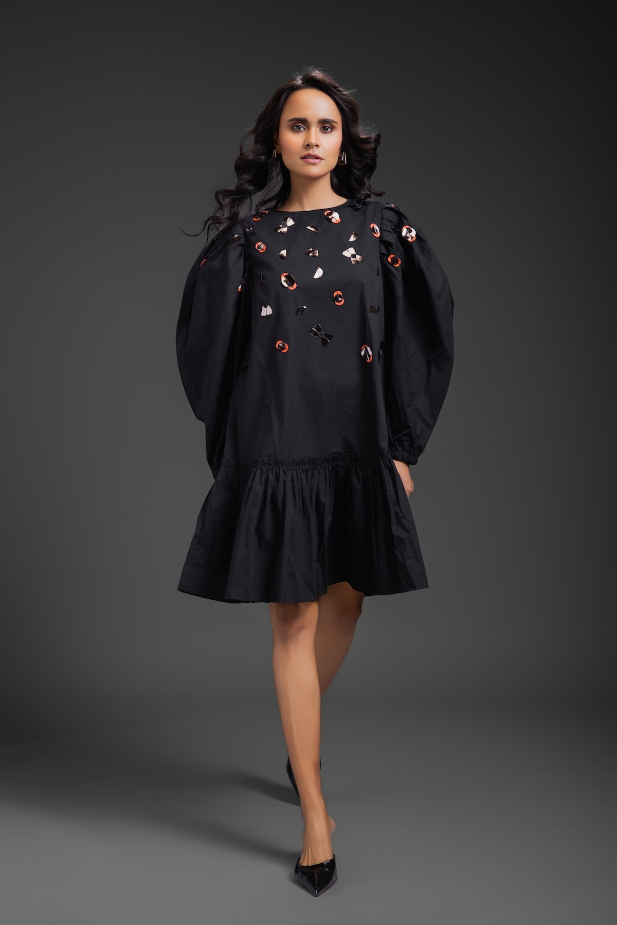 Black Cotton Dress With Neon Metallic Detailing