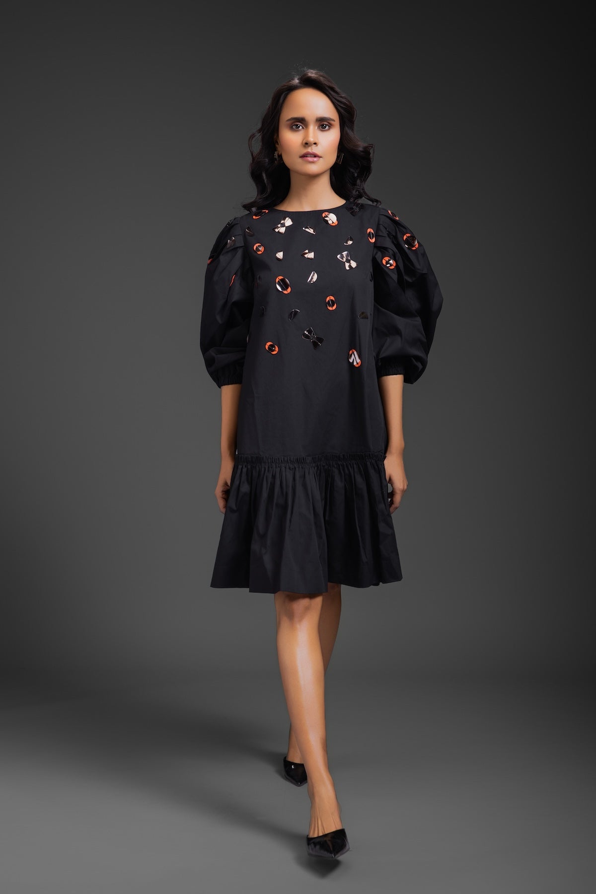 Black Cotton Dress With Neon Metallic Detailing