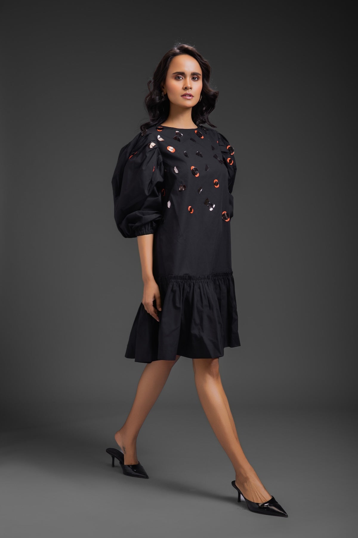 Black Cotton Dress With Neon Metallic Detailing
