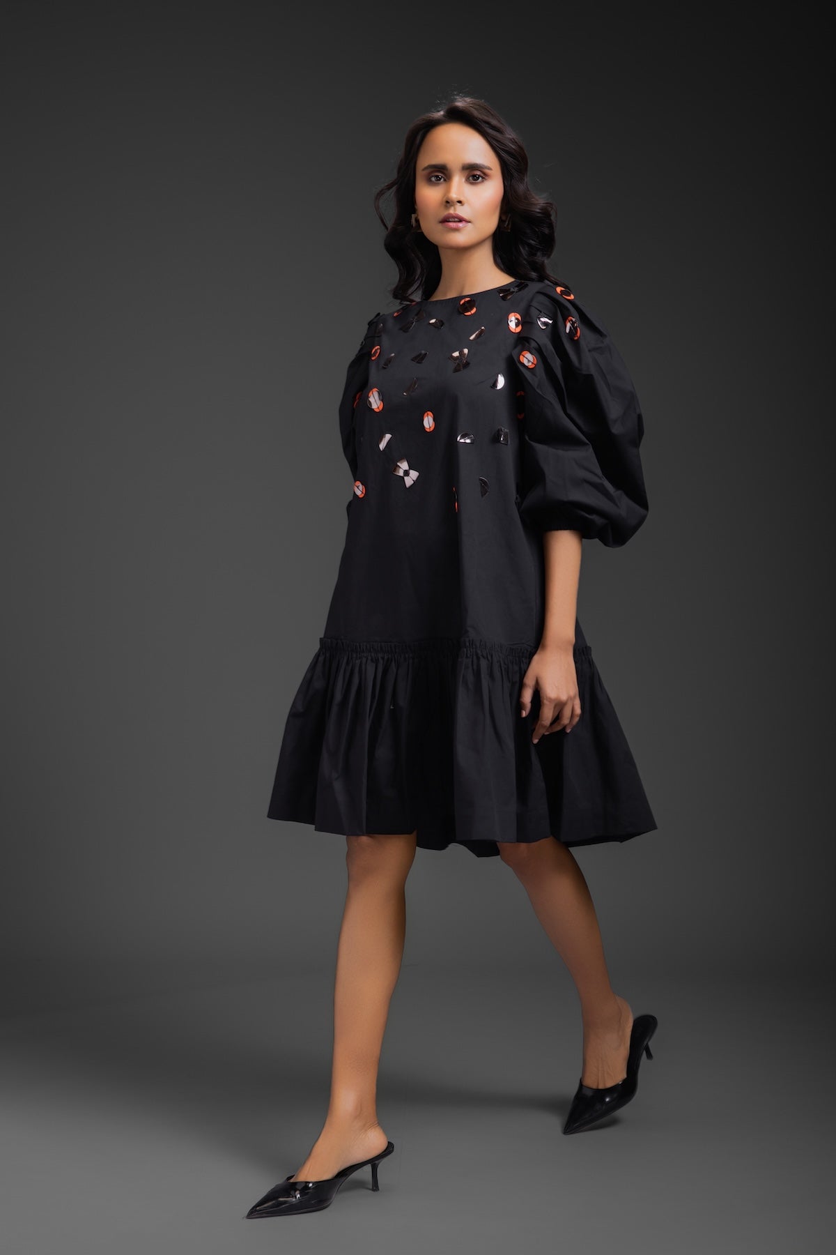 Black Cotton Dress With Neon Metallic Detailing