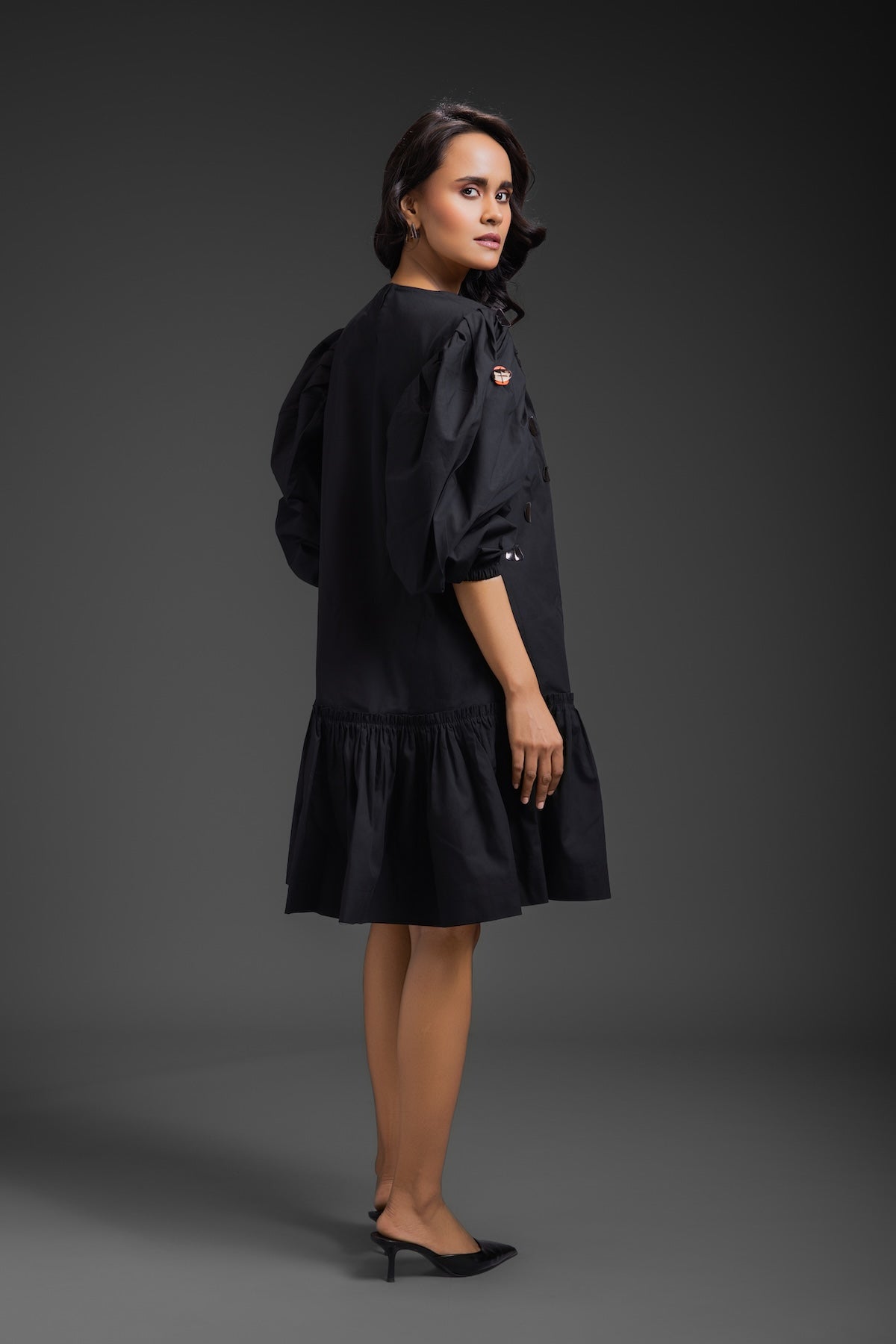 Black Cotton Dress With Neon Metallic Detailing
