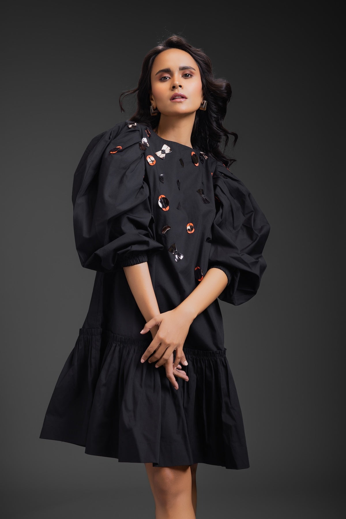 Black Cotton Dress With Neon Metallic Detailing