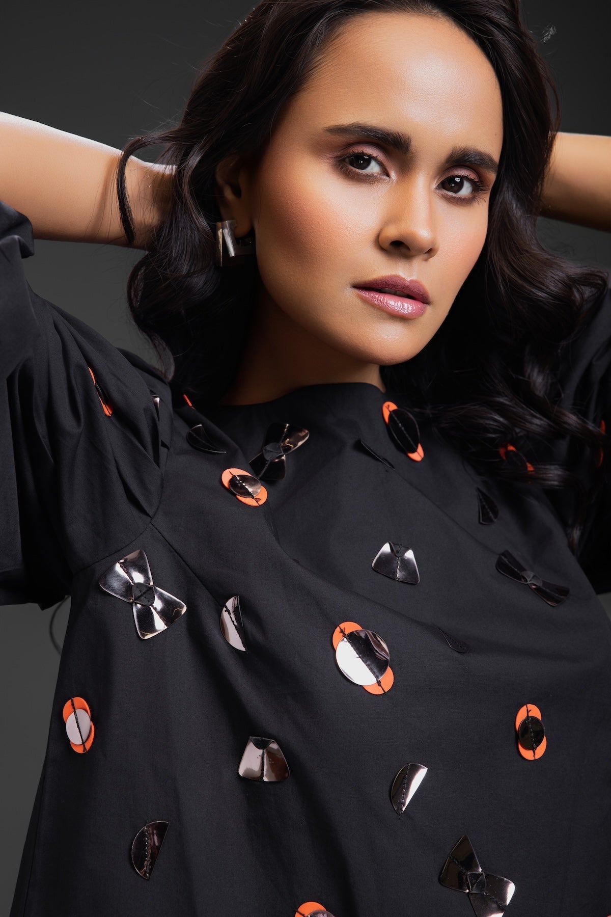 Black Cotton Dress With Neon Metallic Detailing