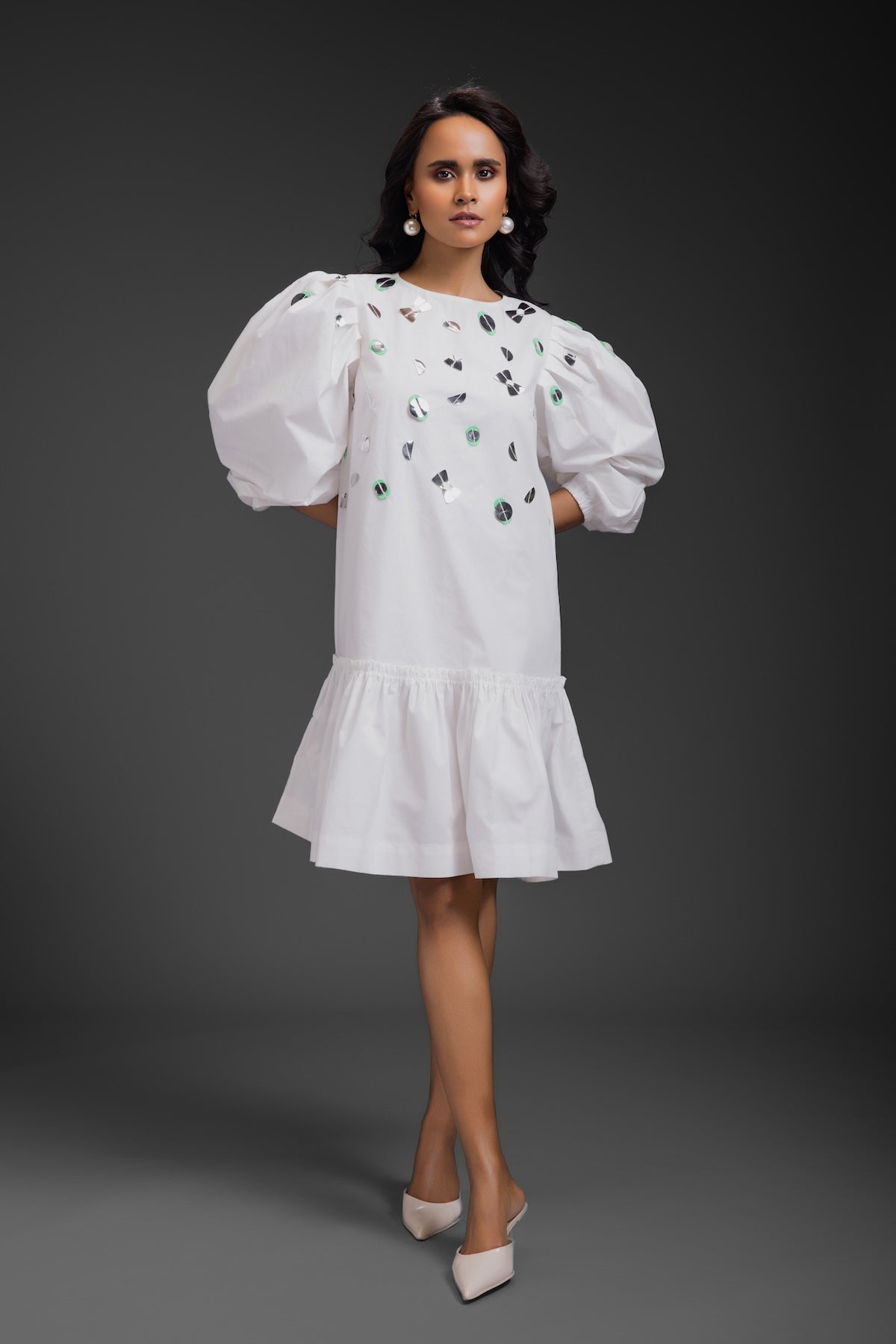 White Cotton Dress With Neon Metallic Detailing