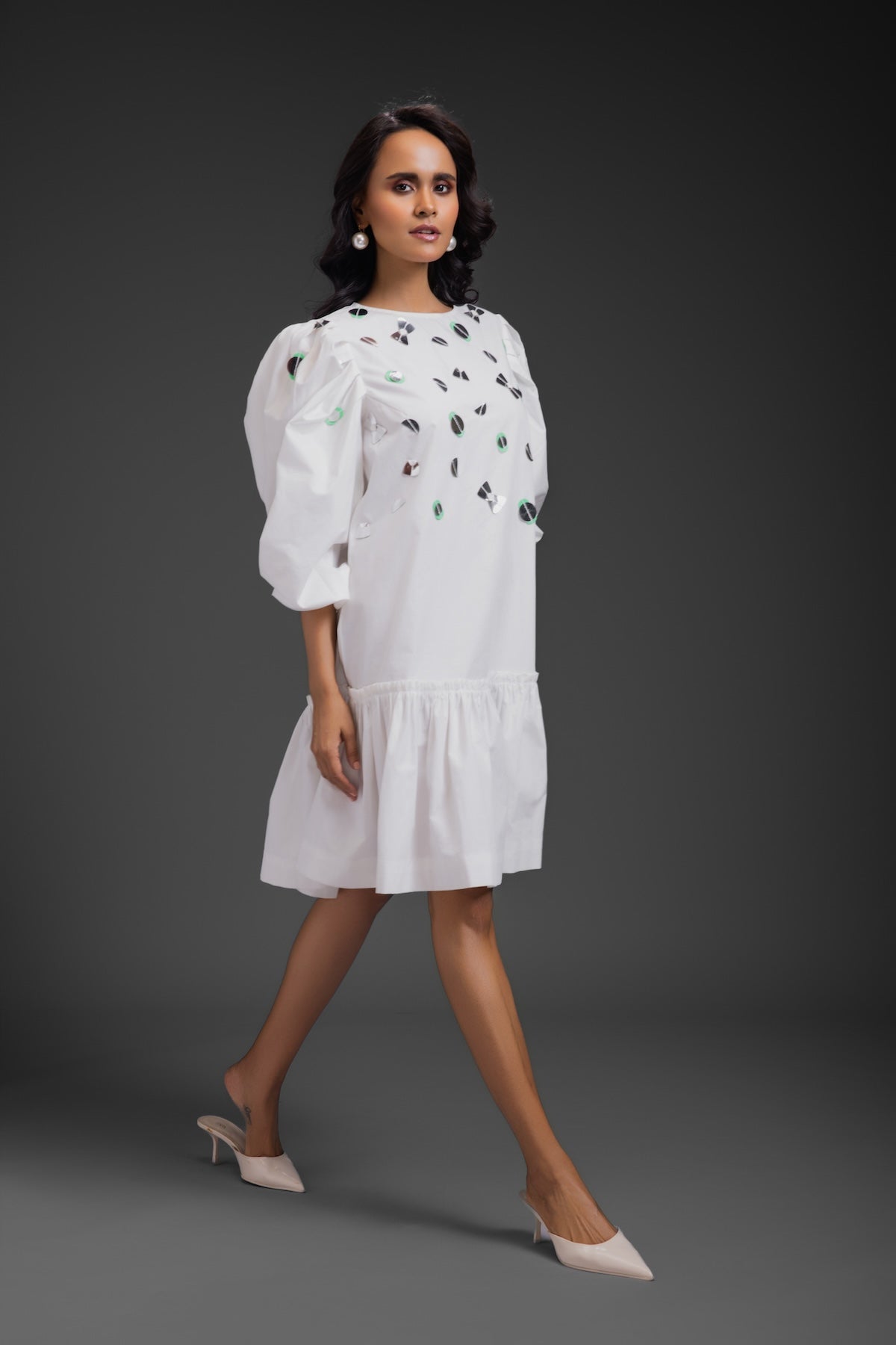 White Cotton Dress With Neon Metallic Detailing
