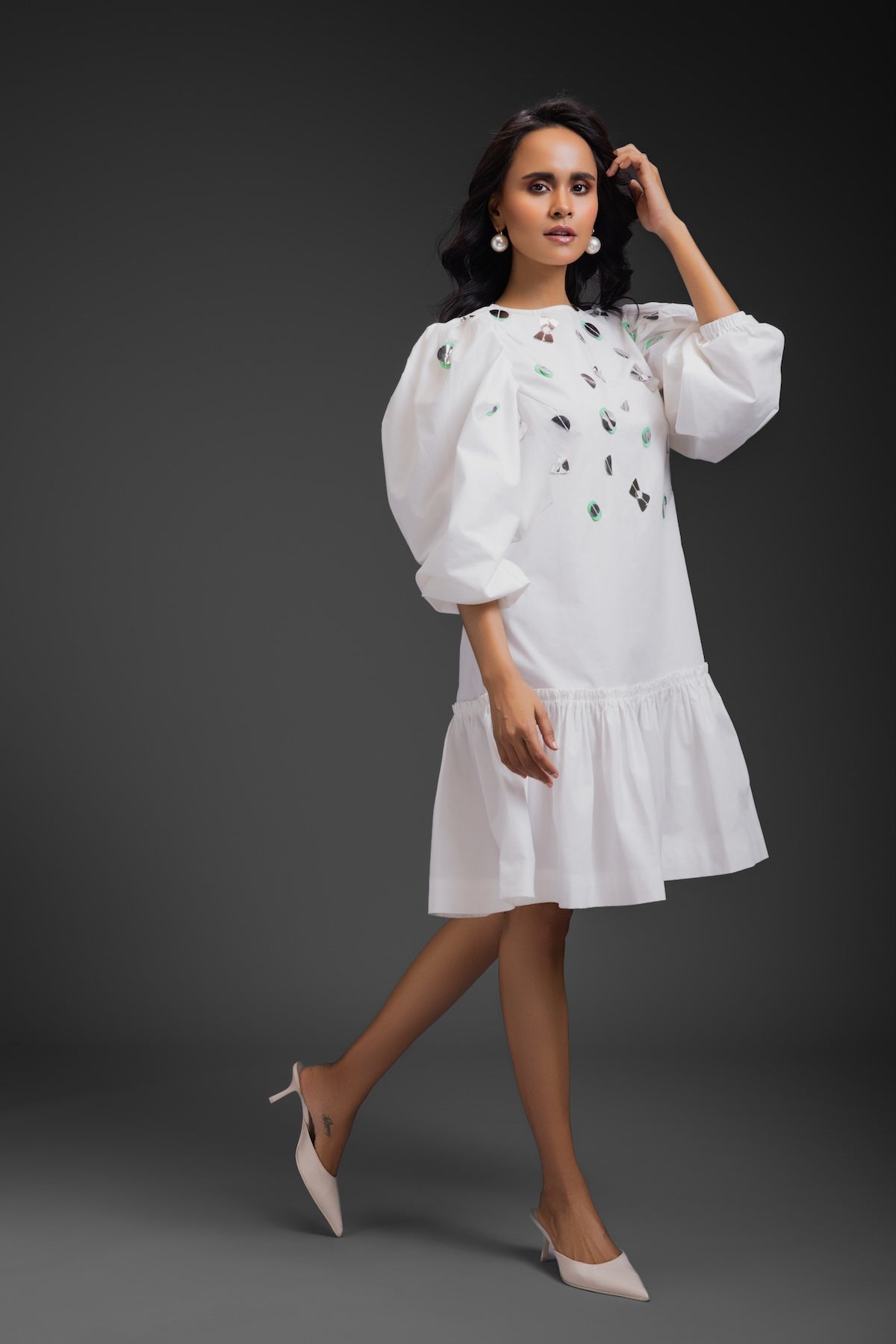 White Cotton Dress With Neon Metallic Detailing