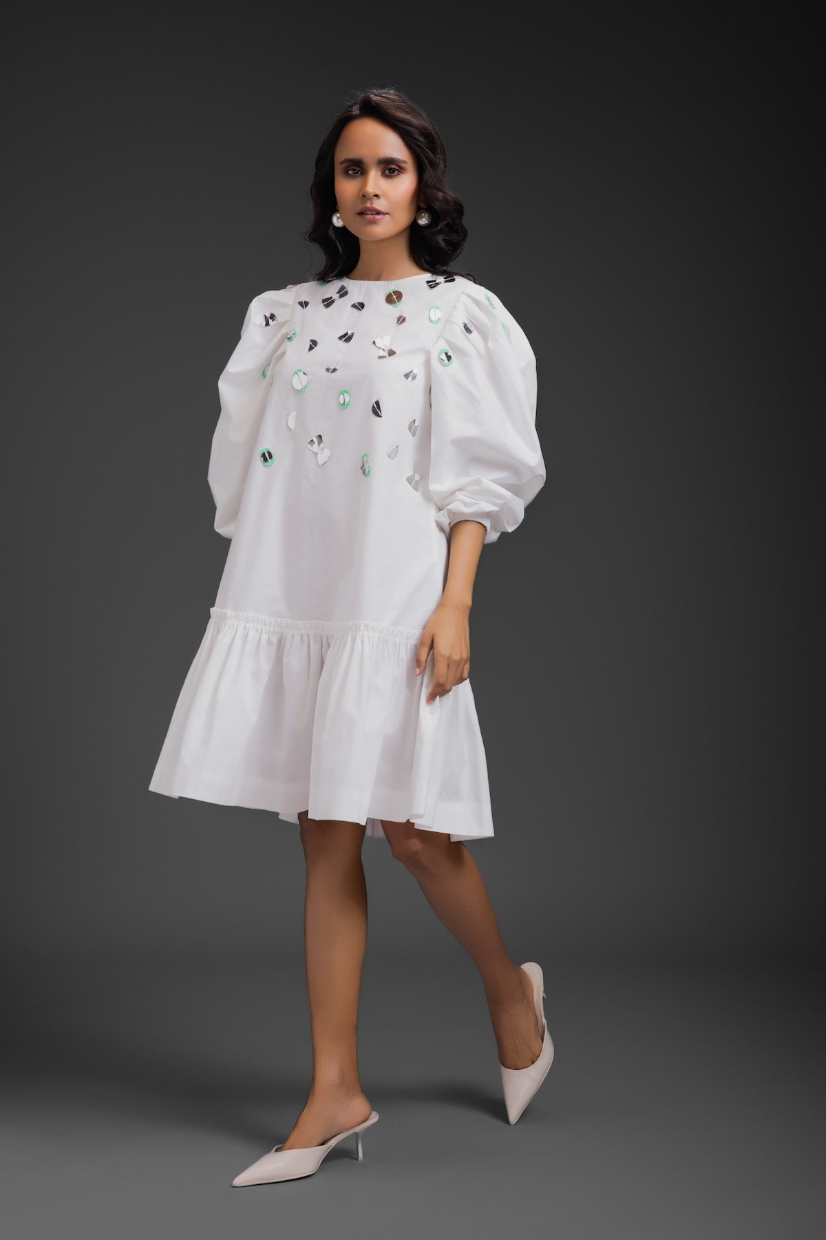 White Cotton Dress With Neon Metallic Detailing