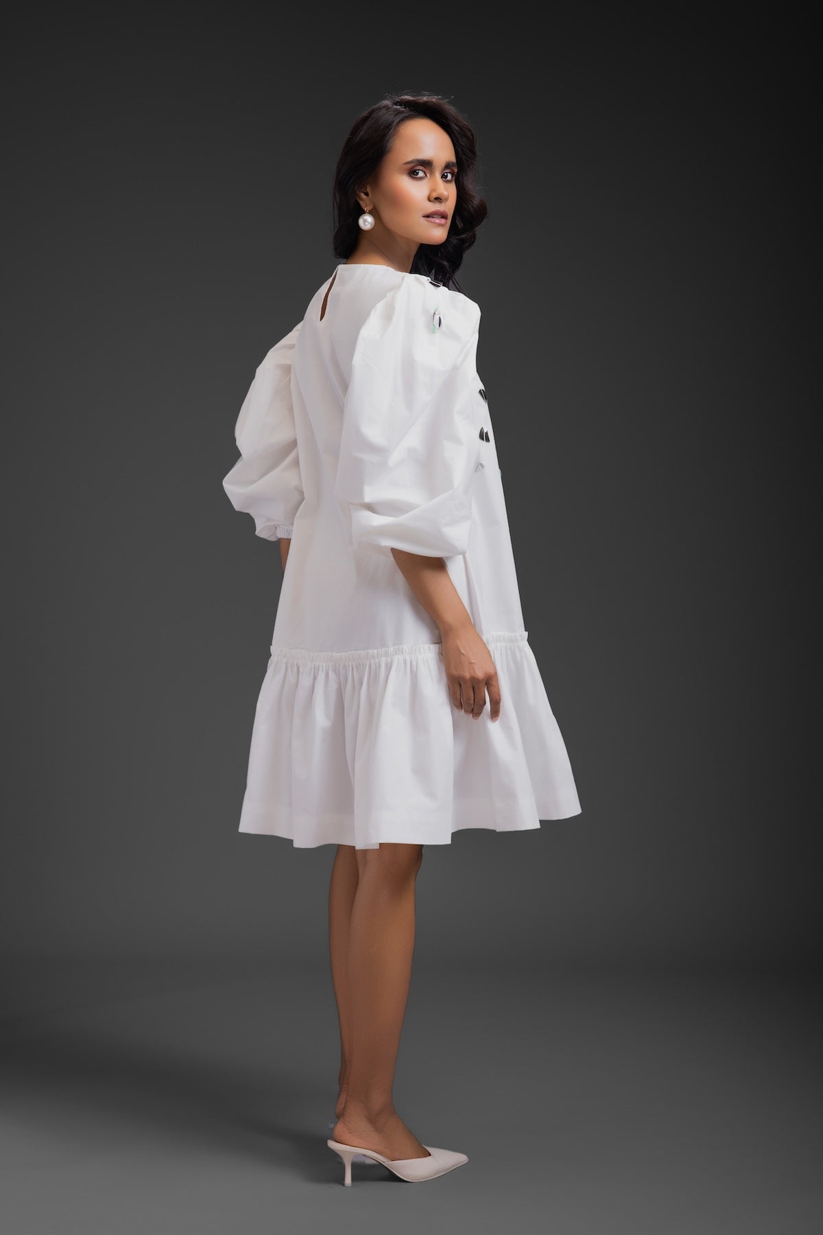 White Cotton Dress With Neon Metallic Detailing