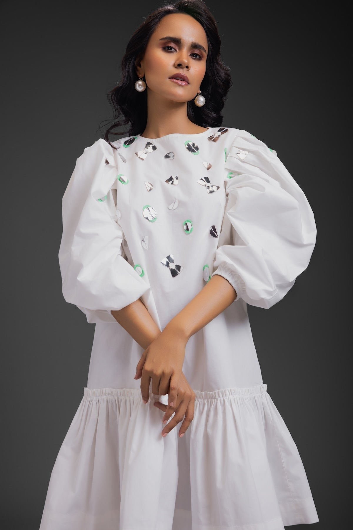 White Cotton Dress With Neon Metallic Detailing