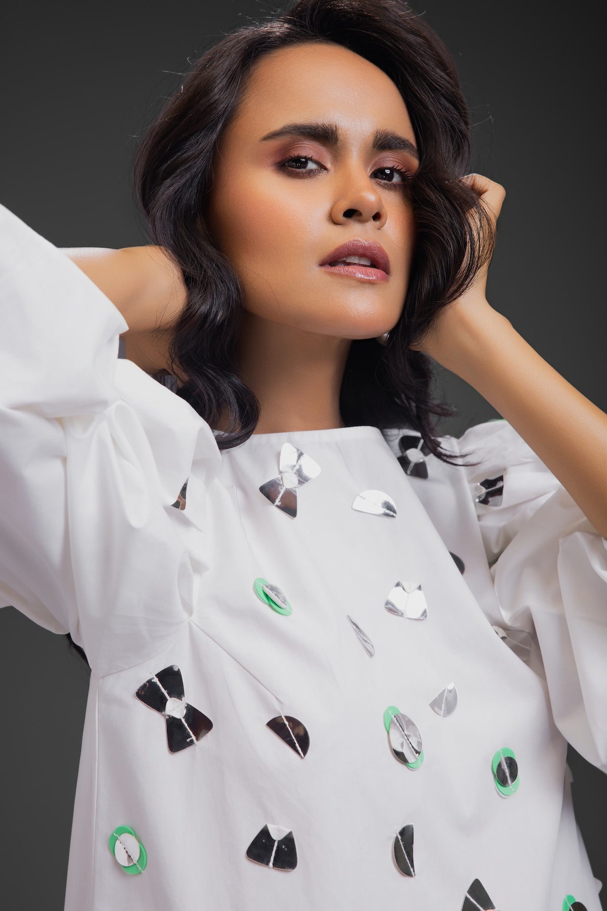 White Cotton Dress With Neon Metallic Detailing