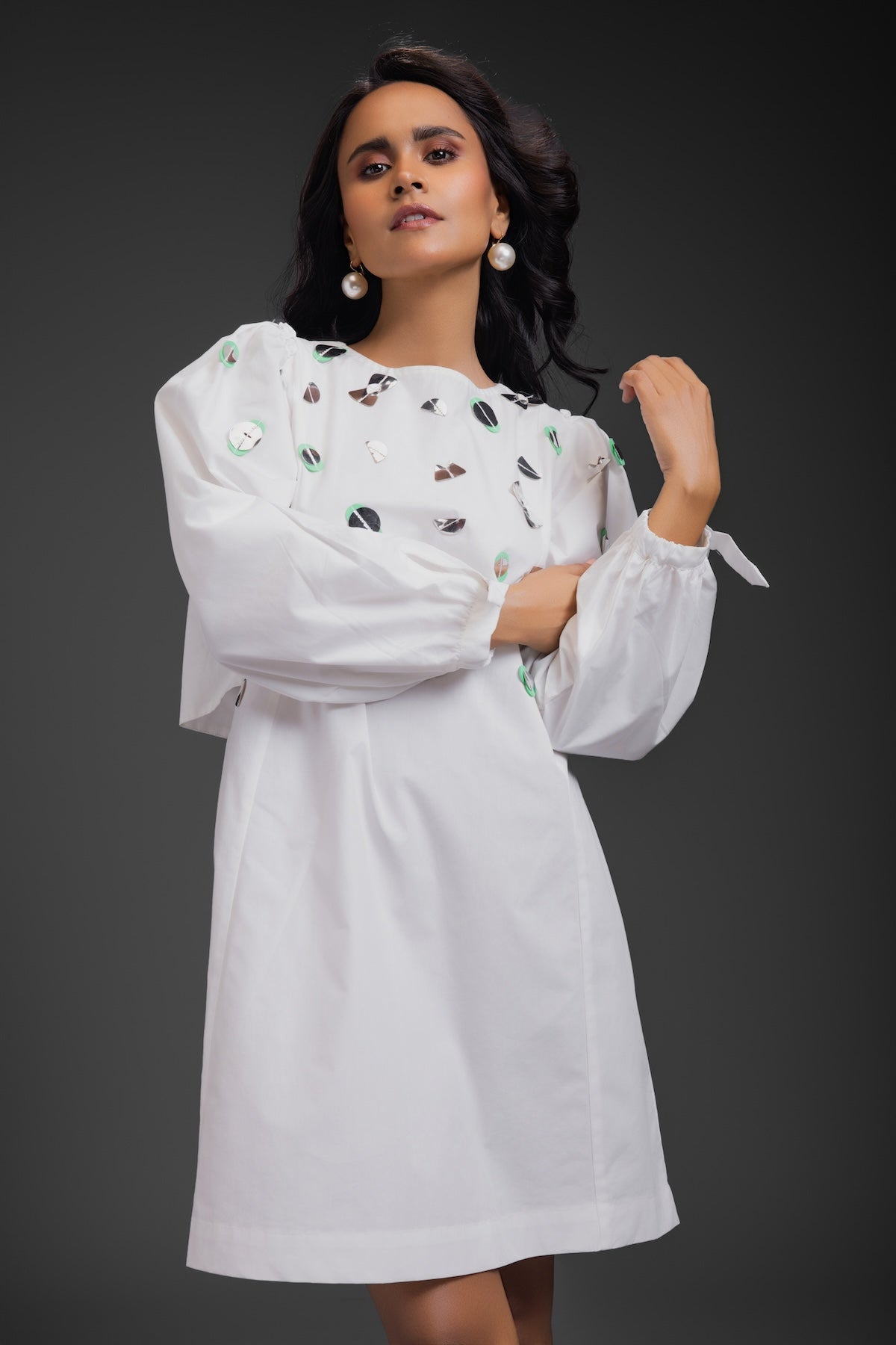 White Cotton Dress With Neon Metallic Detailing