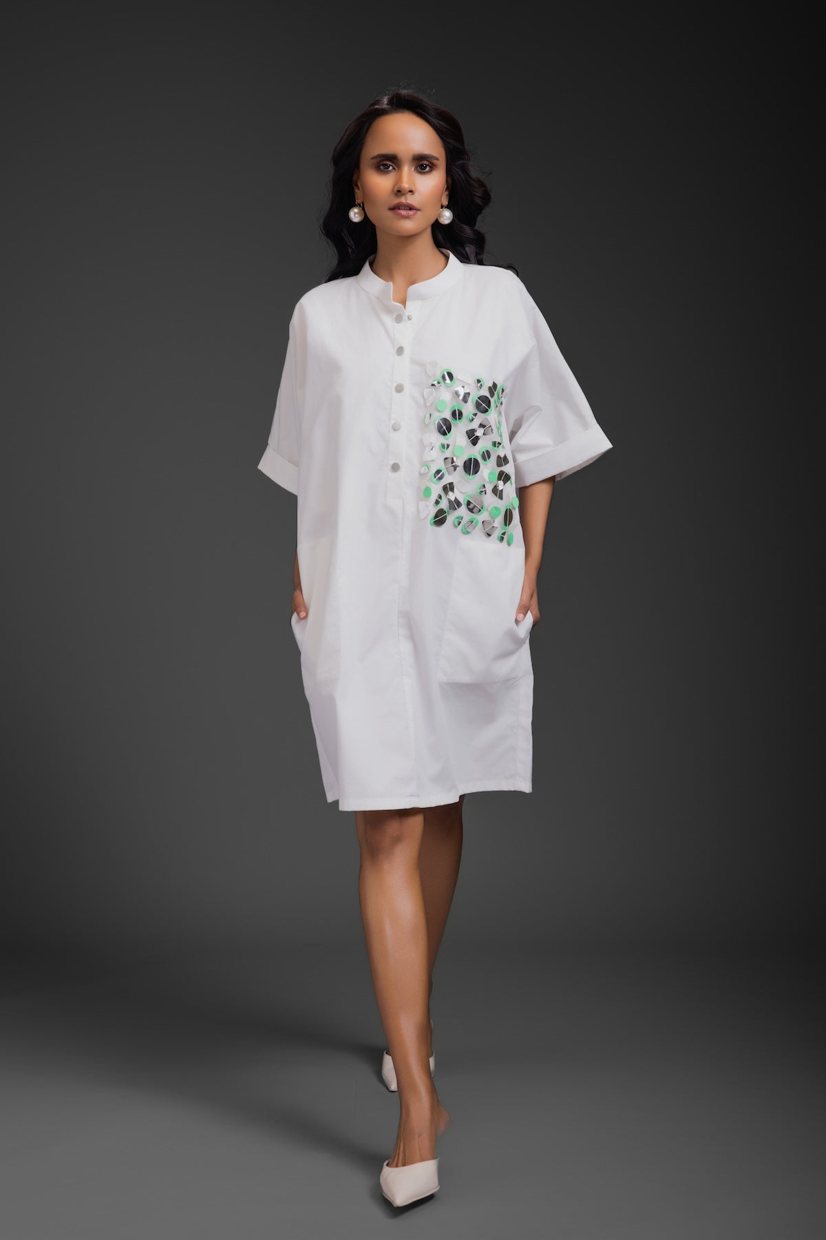 White Relaxed Straight Fit Dress With Pocket