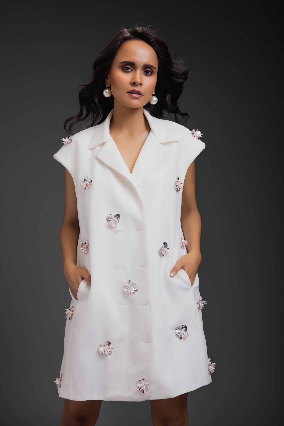 White Blazer Dress With Neon Embroidery Detail