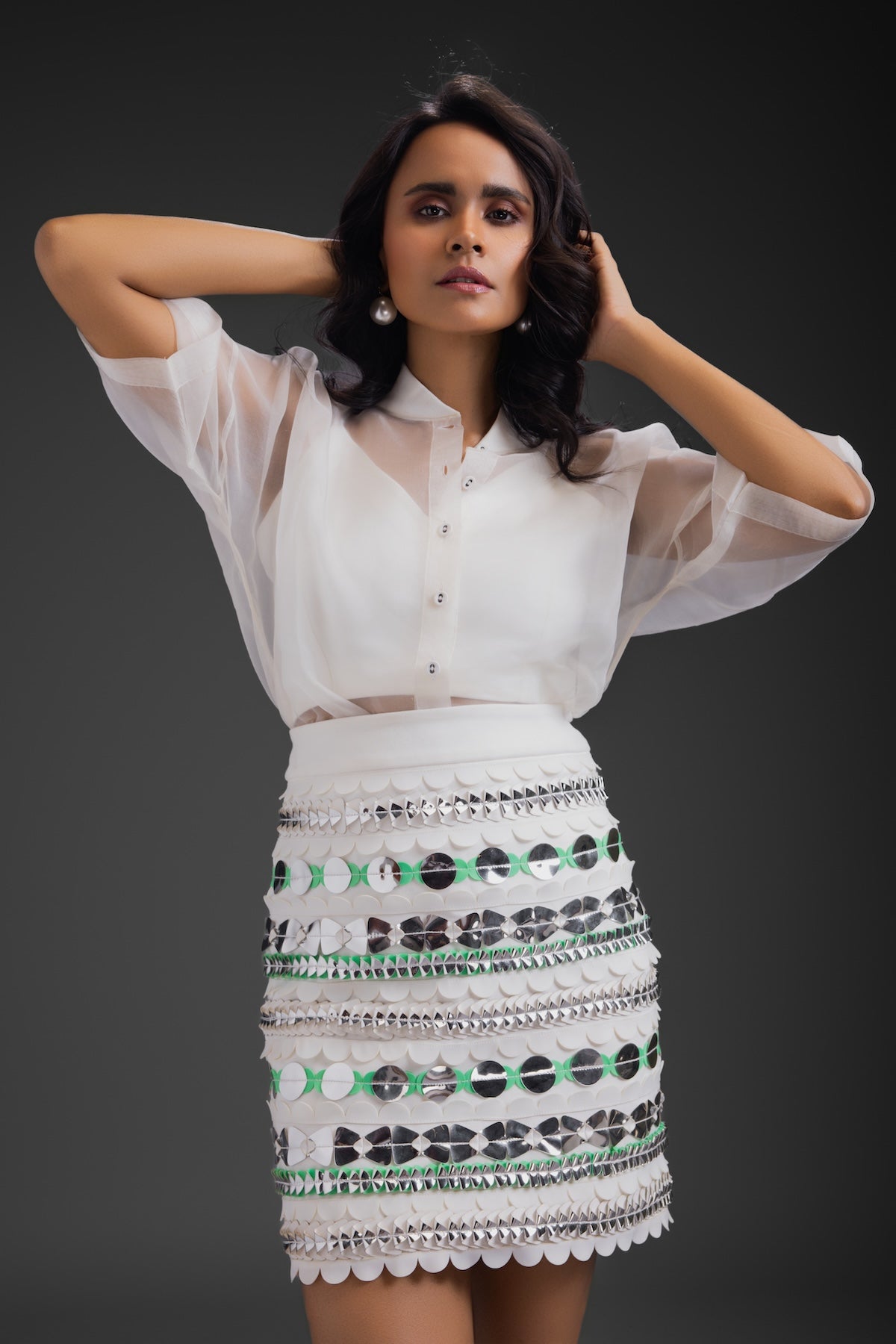 White Organza Shirt With Skirt