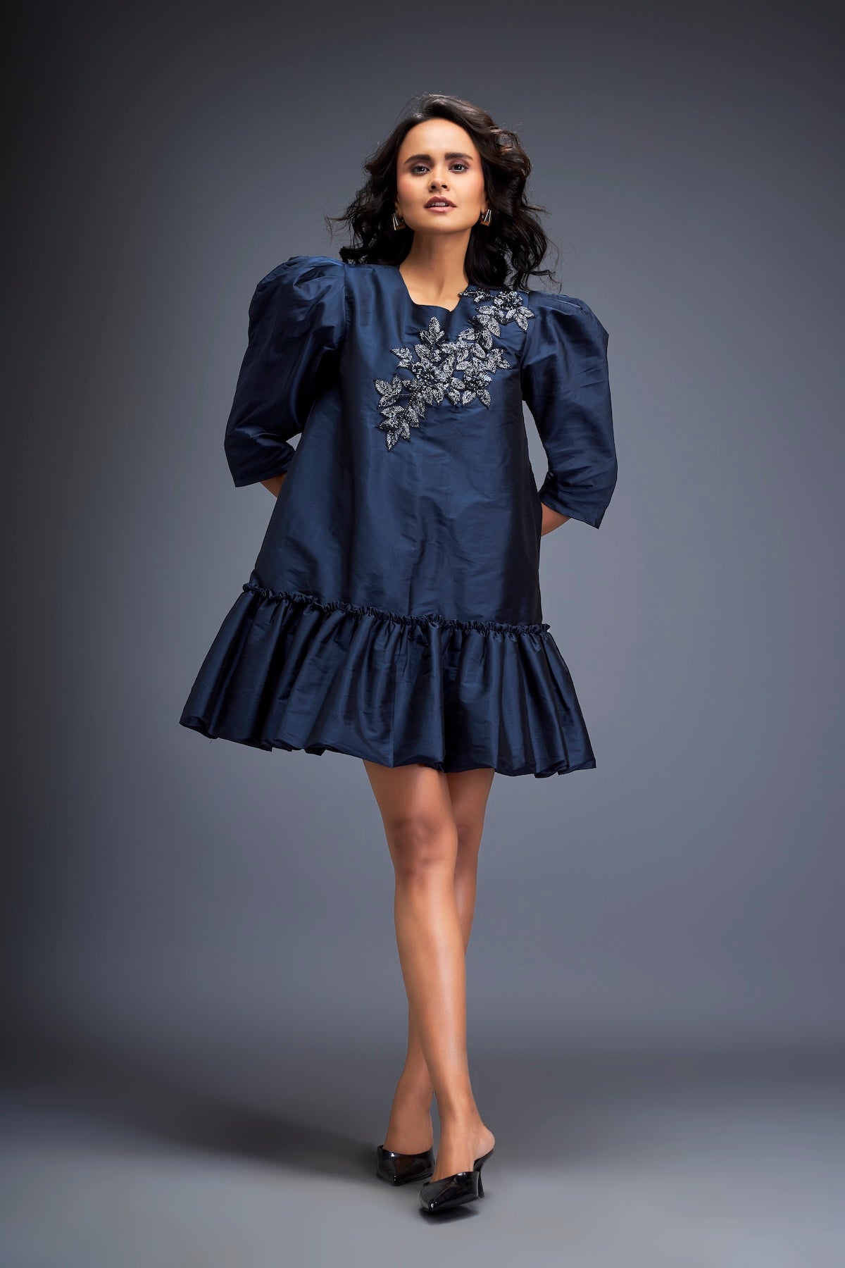 Puff-sleeve Dress With Swarovski Floral Appliqué