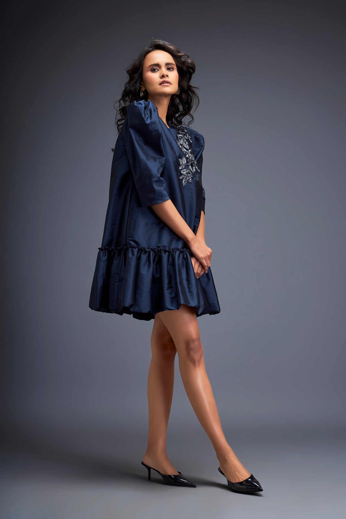 Puff-sleeve Dress With Swarovski Floral Appliqué