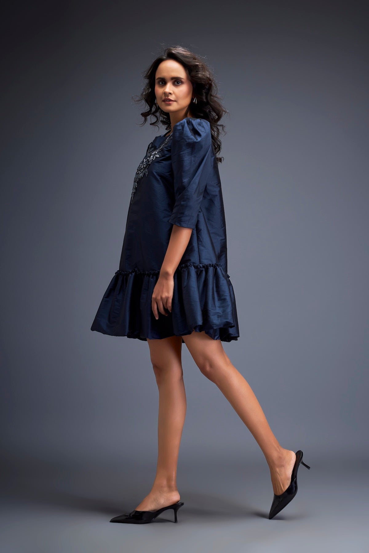 Puff-sleeve Dress With Swarovski Floral Appliqué