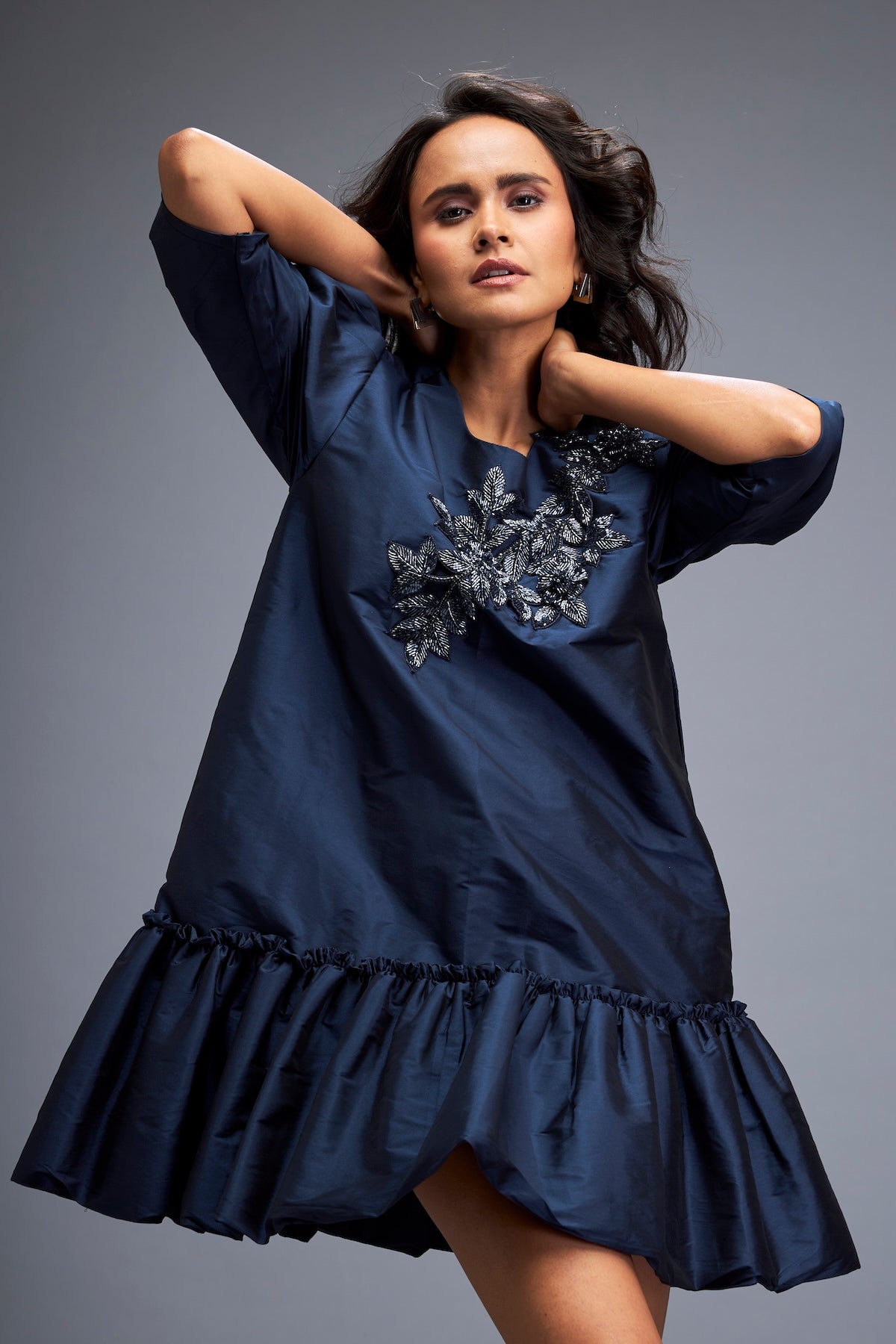 Puff-sleeve Dress With Swarovski Floral Appliqué