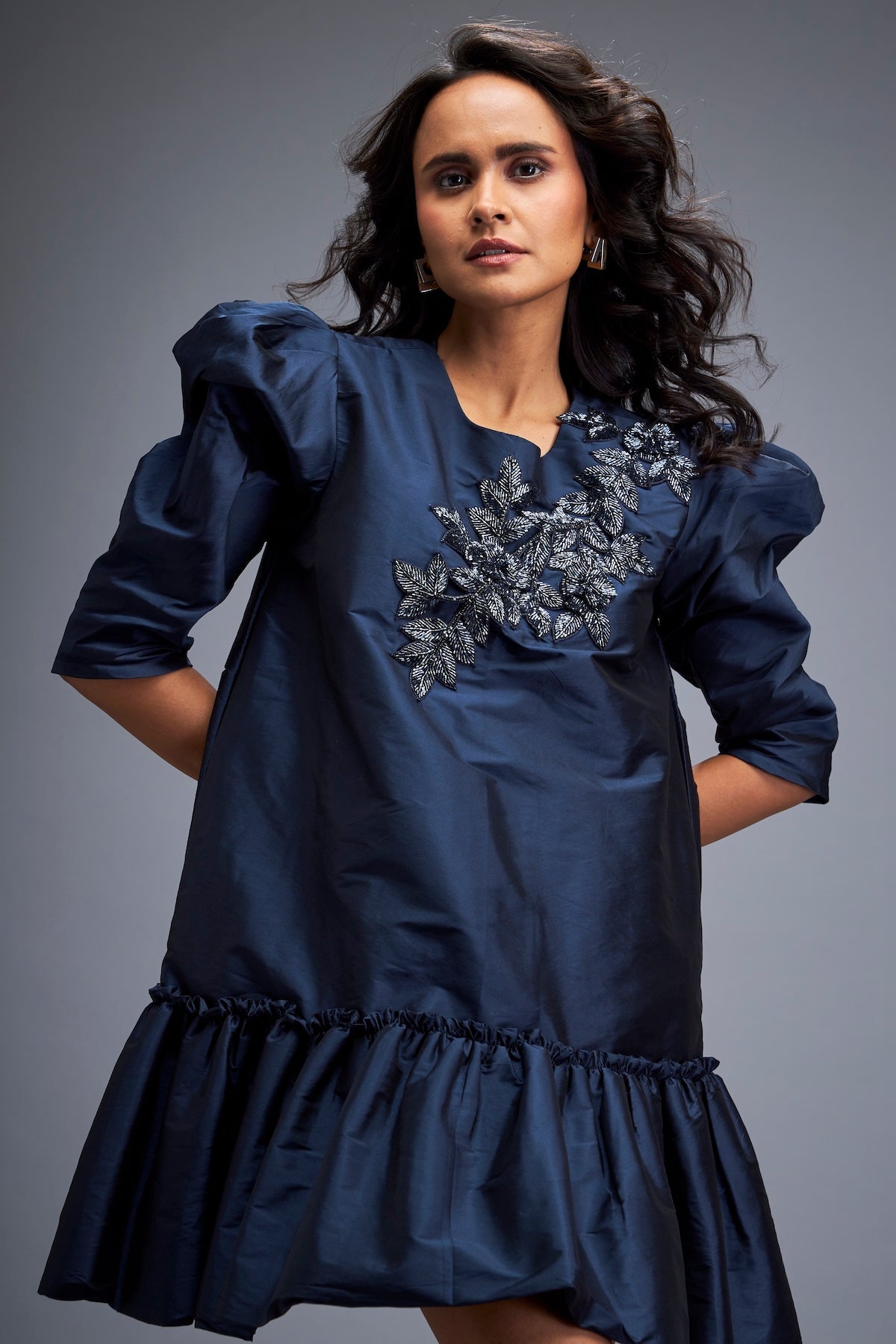 Puff-sleeve Dress With Swarovski Floral Appliqué
